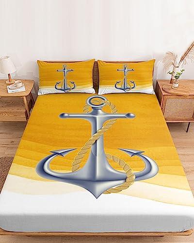 ZFUNCING Marine Nautical Silver Ship Anchor Fitted Bed Sheets Twin XL Size Fit 5-16inch Deep Pockets,Luxury Bottom Sheet Bedding Set with Pillow Case,Yellow Gradient Art Wave Stripe Fitted Sheet for Mattress