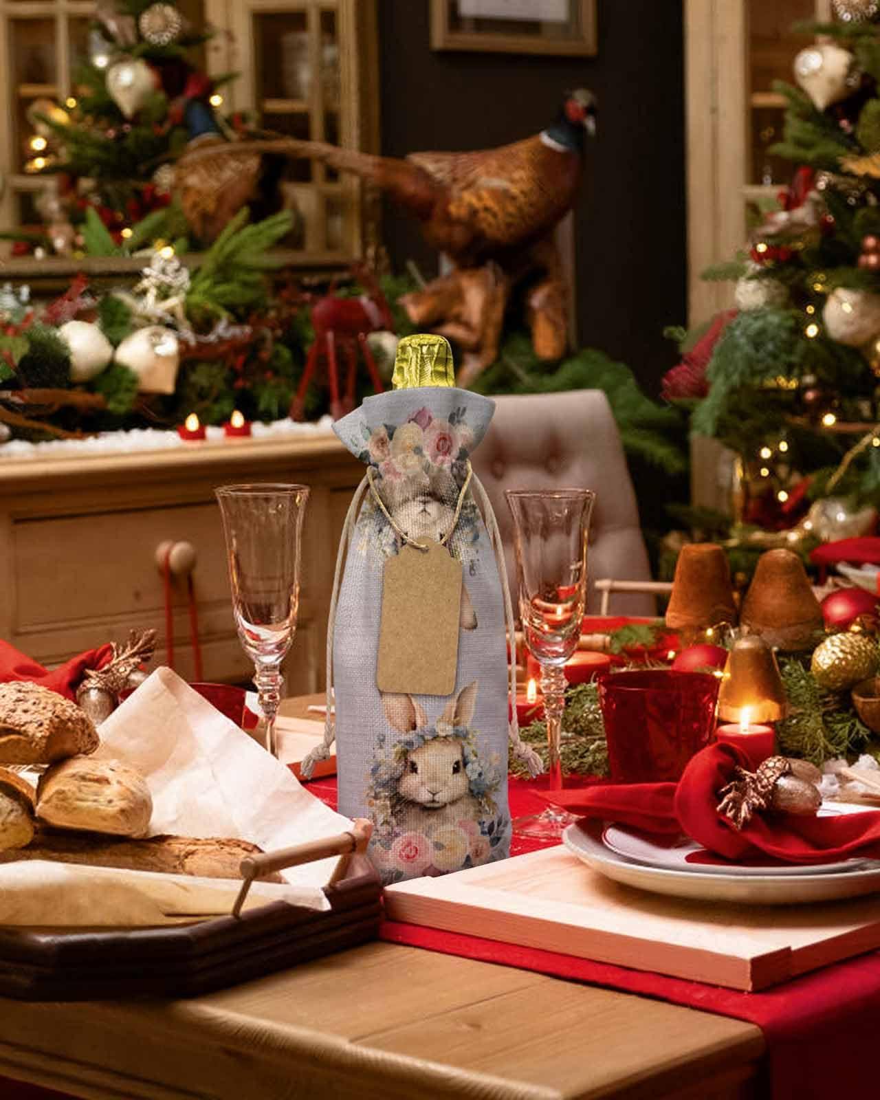 PIEPLE PIEPLE Easter Blue Bunny 10PCS Wine Bottle Bags, Wine Bottle Cover with Drawstring, Gift Bag for Champagne, Wedding, Birthday, Party Rustic Spring Botanical Flower Leaves