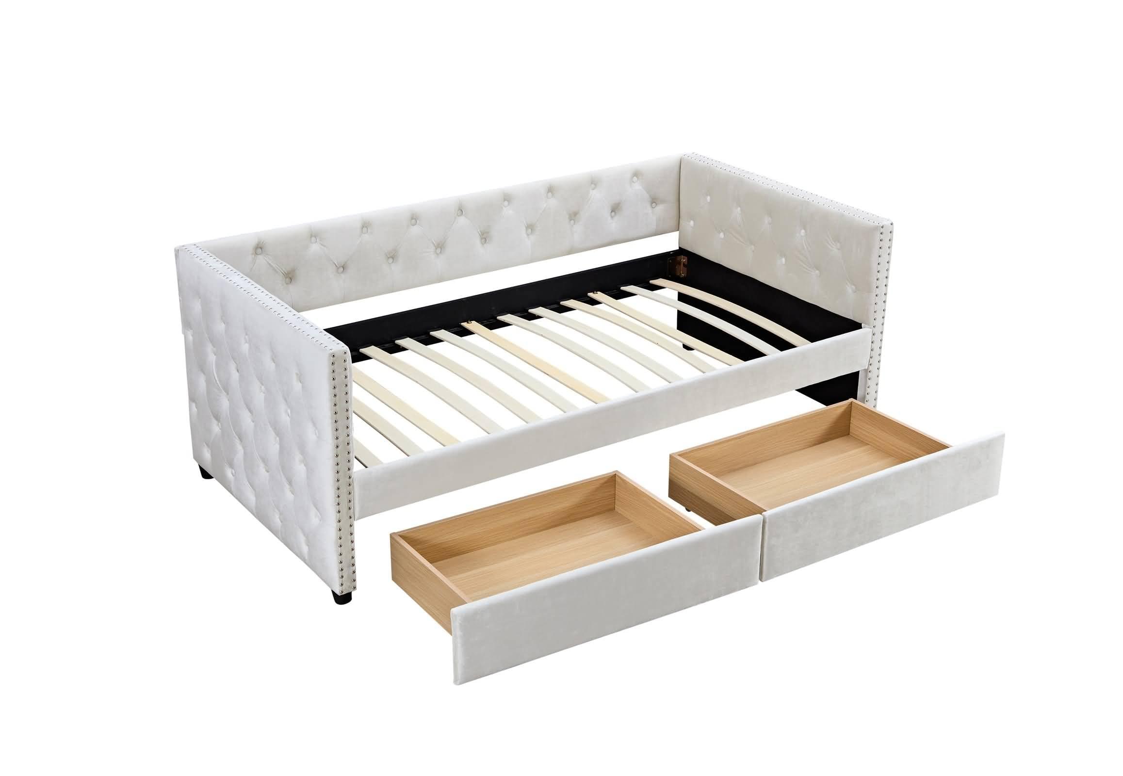 Musihy Platform Bed Twin | Daybed with Drawers, Modern Velvet Upholstered Twin Size Day Bed Button-Tufted Sofa Daybed Frame with Double Drawers, Furniture for Bedroom Living Guest Room, Beige, Twin