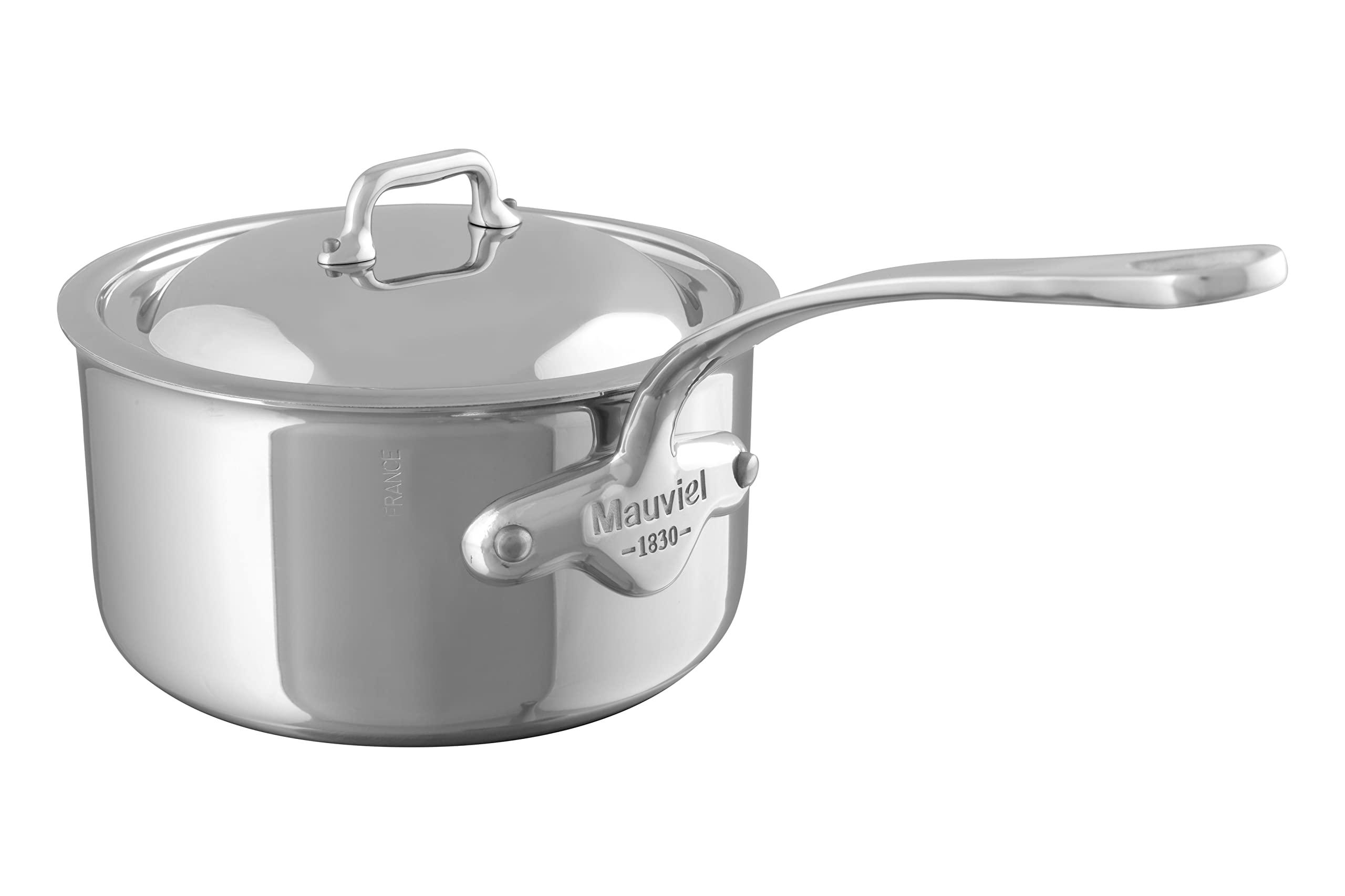Mauviel Mauviel 1830 M'Cook 5-Ply Polished Stainless Steel Sauce Pan With Lid, And Cast Stainless Steel Handle, 1.2-qt, Made In France