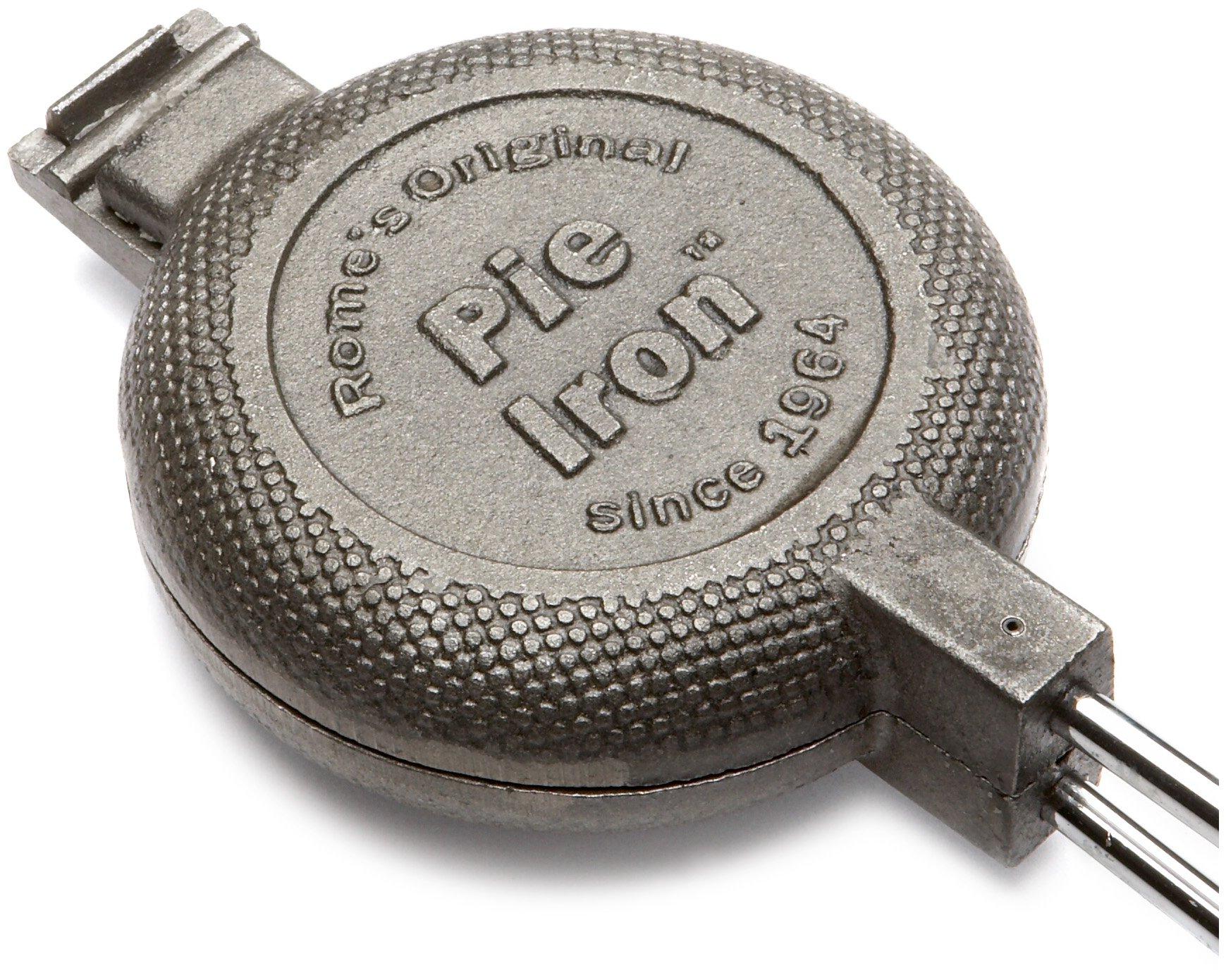 PINSUKO Rome Industries 1805 Round Pie Iron with Steel and Wood Handles, 28\" overall length, 4 1/4\" diameter casting, 4\" cooking surface