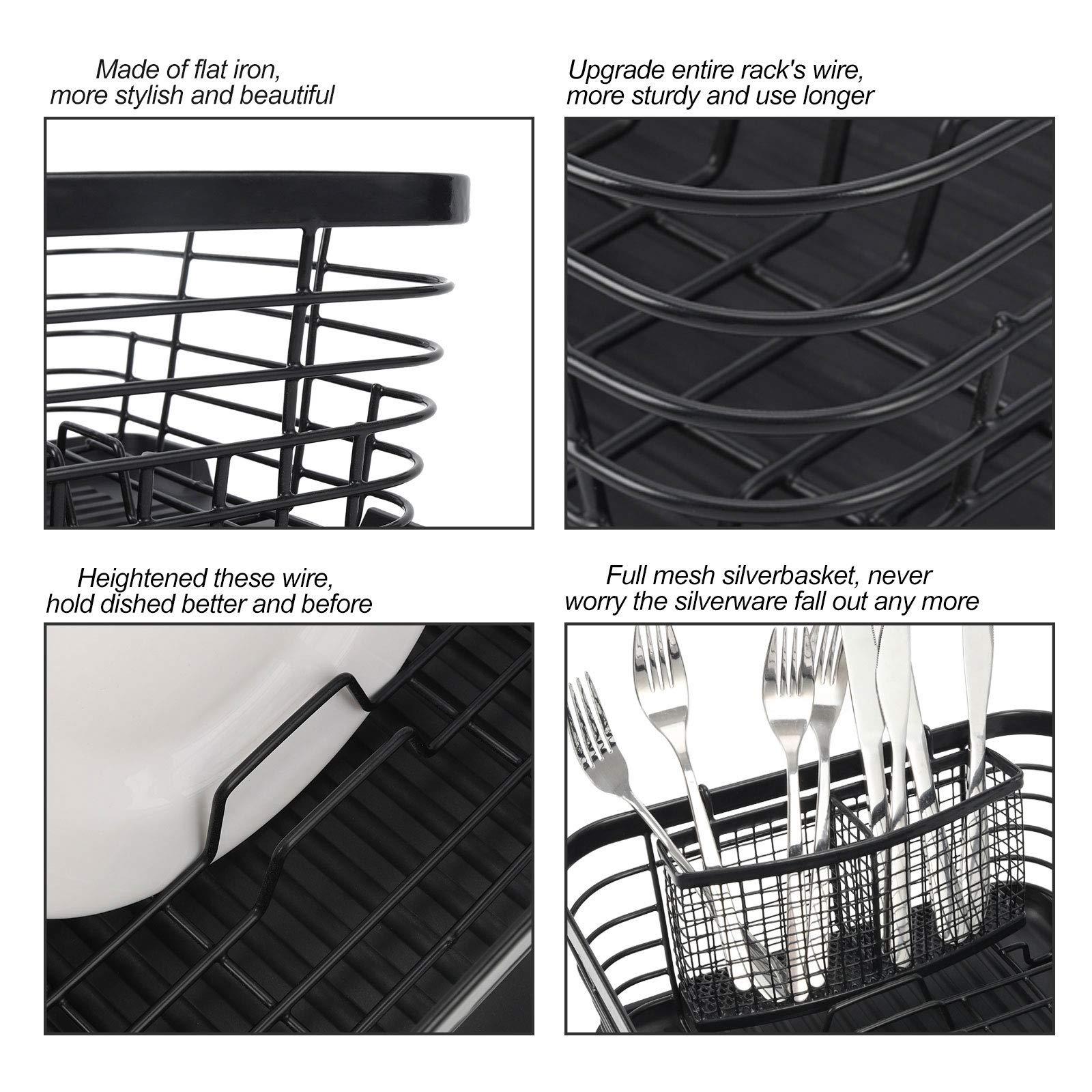 TQVAI TQVAI Kitchen Dish Drainer Rack with Drying Board and Full-Mesh Silverware Utensils Holder, Black