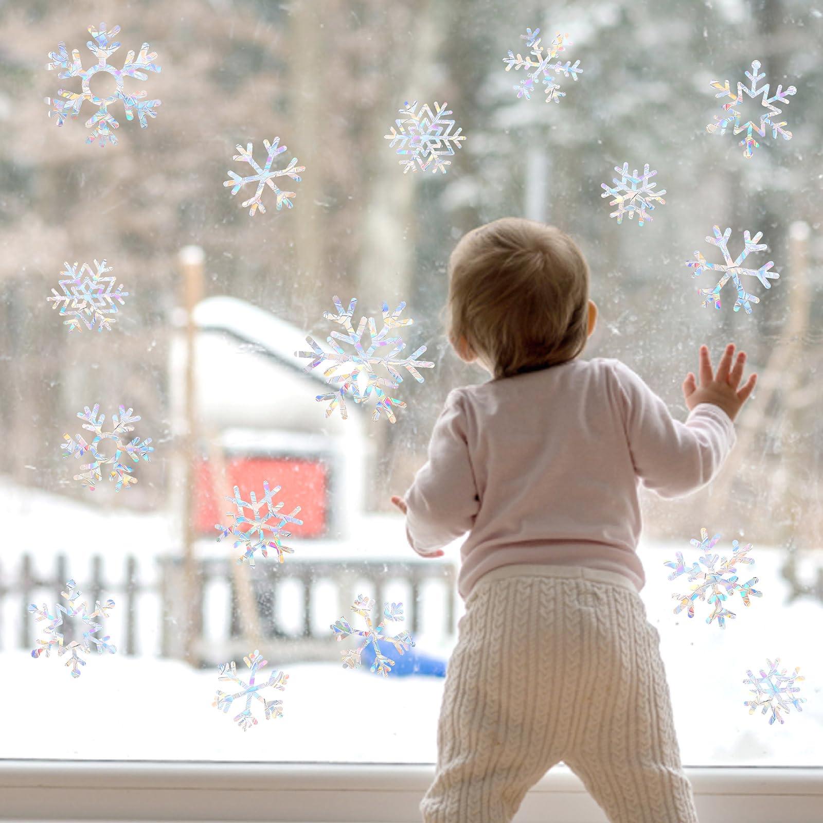 Barri Design Christmas Snowflake Window Clings for Glass Windows Static Cling Snow Window Decals Anti-Collision Winter Window Stickers for Bird Strikes Vinyl Stickers Suncatcher Rainbow Stickers