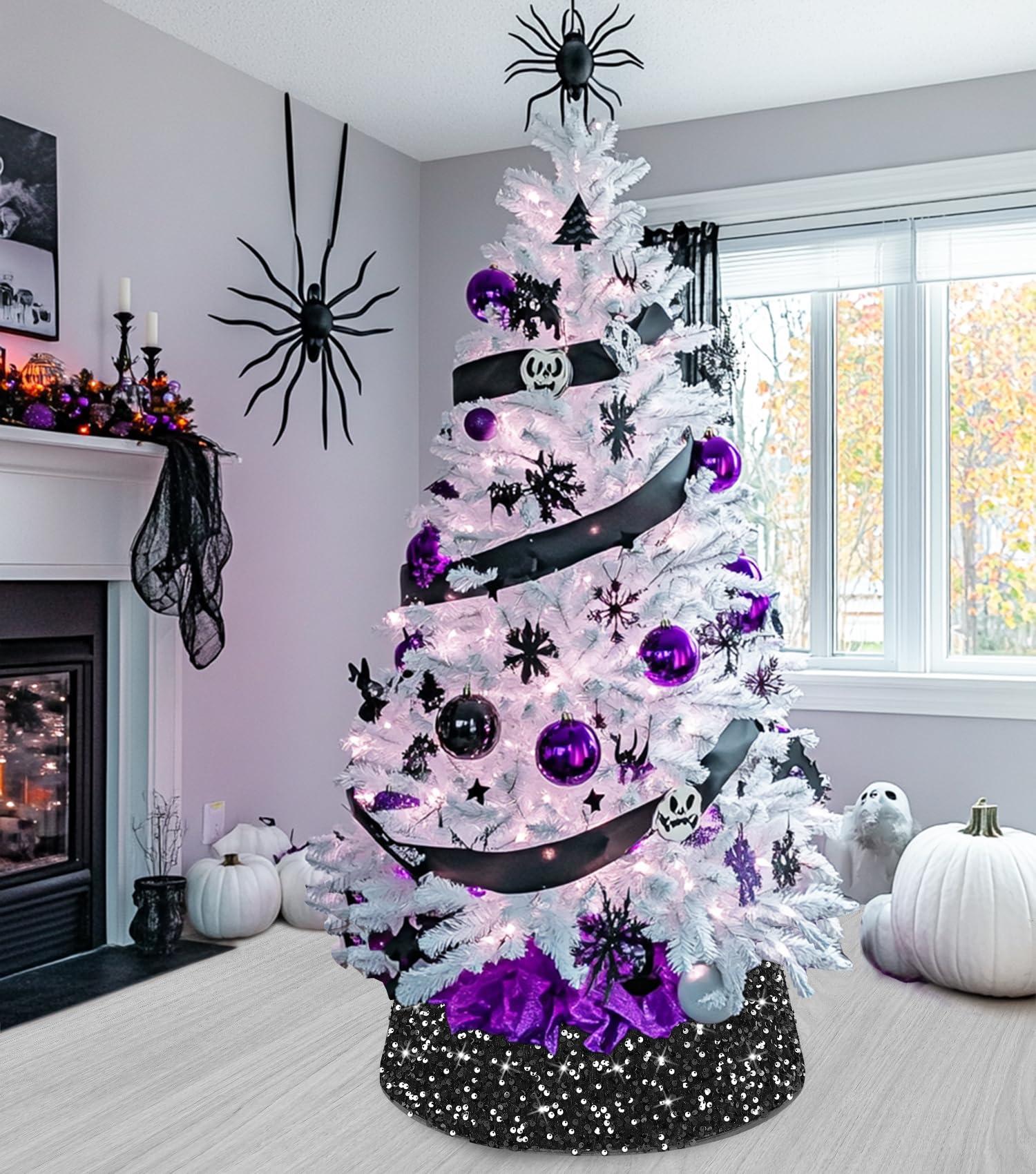 BSHSPX BSHSPX Halloween Tree Collar Black Christmas Tree Collar 23.6 inch Christmas Tree Ring Halloween Tree Skirt Round Tree Stand Collar Christmas Tree Collars for Artificial Trees Holiday Decorations