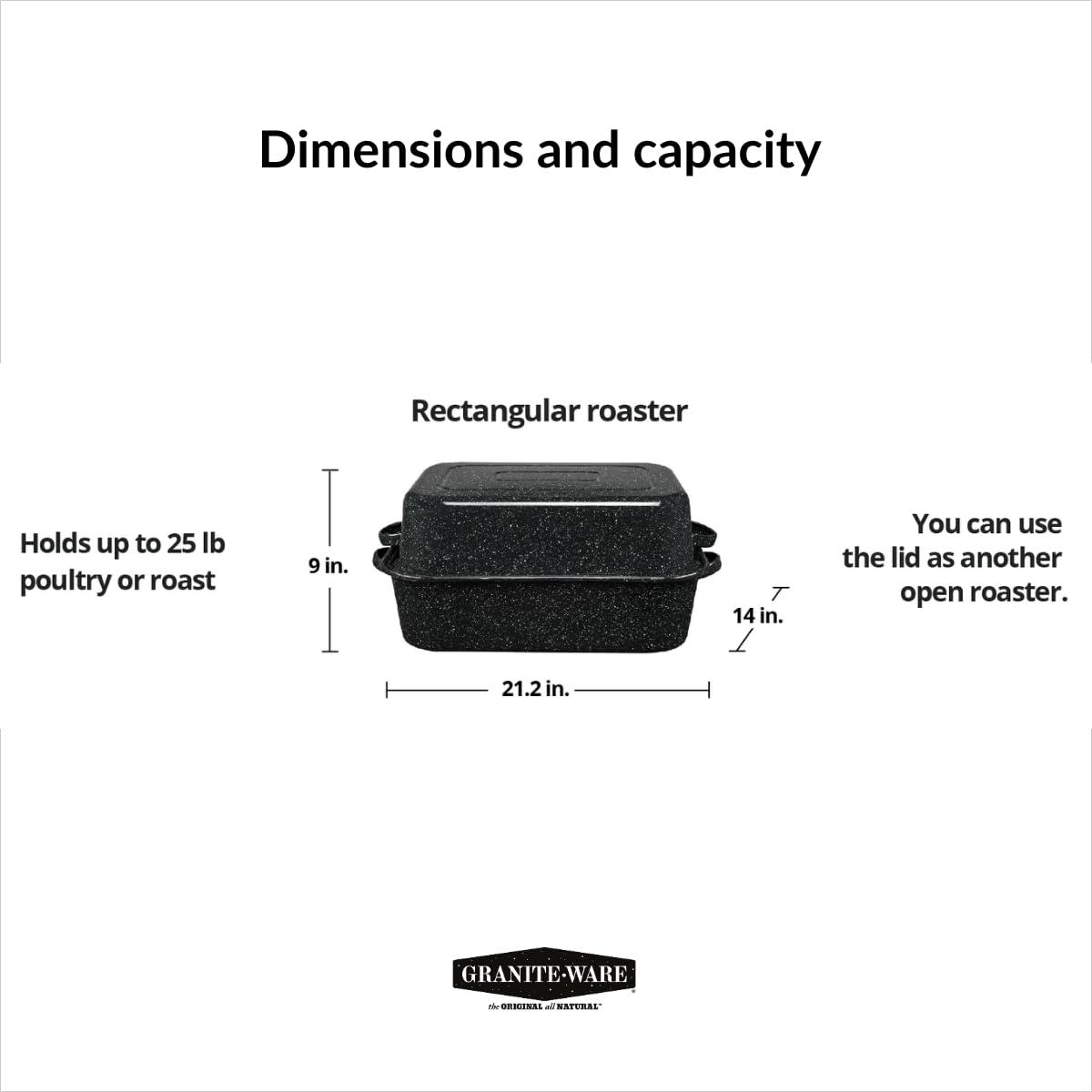 Granite Ware Granite Ware 21 in Oven Rectangular Roaster with lid. (Speckled Black) - Accommodates up to 25 lb poultry or roast.