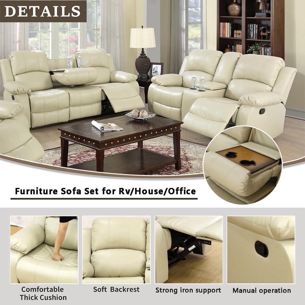 A Ainehome A Ainehome Living Room Furniture Set Leather Recliner Sofa Set Loveseat Chair Furniture Sofa Set for Living Room/Small Space/Rv/House/Office/Theater Seating (A-Beige leather, Sofa+Loveseat)