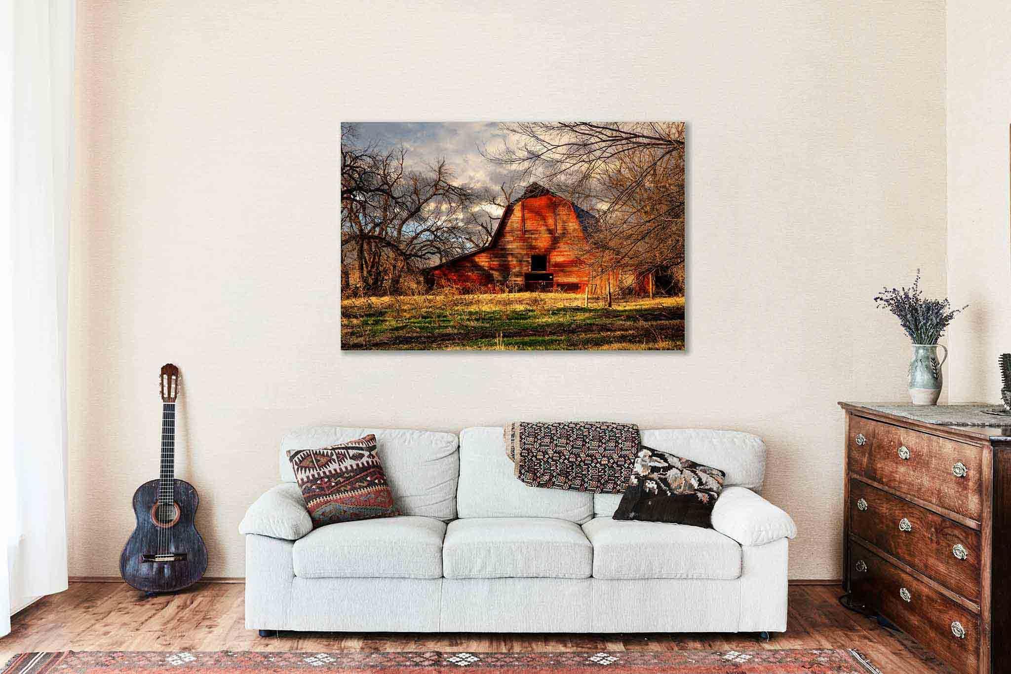 Southern Plains Photography Country Canvas Wall Art (Ready to Hang) Gallery Wrap of Rustic Red Barn on Autumn Evening in Oklahoma Farm Photography Farmhouse Decor (.75\" Depth, 16\" x 24\")