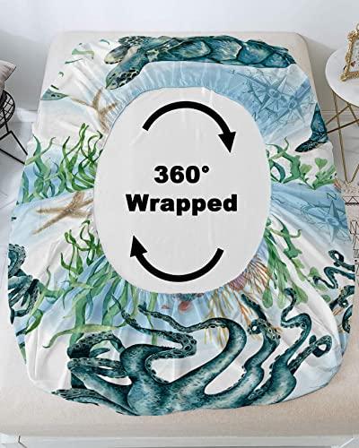 Chucoco Cal King Fitted Sheet Deep Pocket,Ocean Marine Life Turtle Octopus Compass Soft Microfiber Brushed Bed Sheet & Pillowcase Set,Seahorse Starfish Nautical Hotel Fitted Bottom Sheets All Around Elastic
