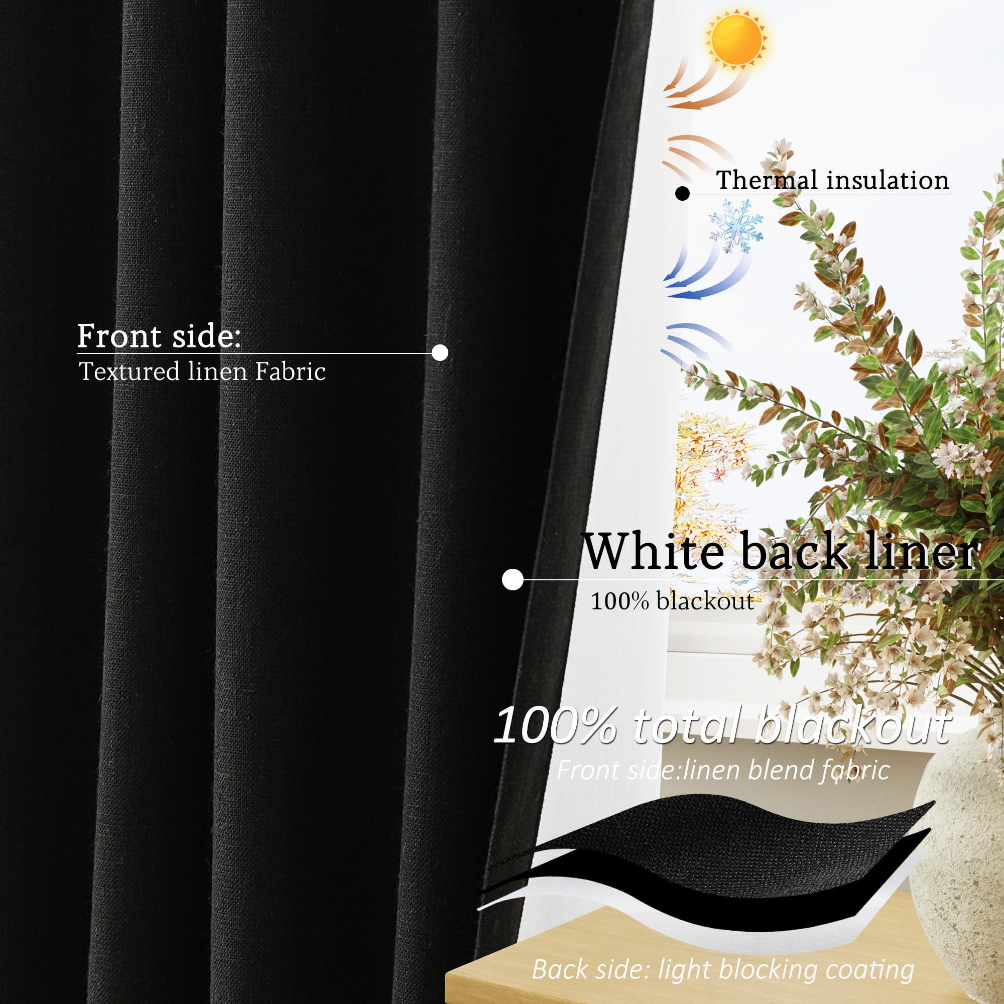 Jowels Jowels Black Linen Blackout Curtains 102 Length 2 Panels Set for Living Room Bedroom, 100% Black Out Thermal Insulated Linen Drapes, Room Darkening Grommet Curtains 102 Inches Long