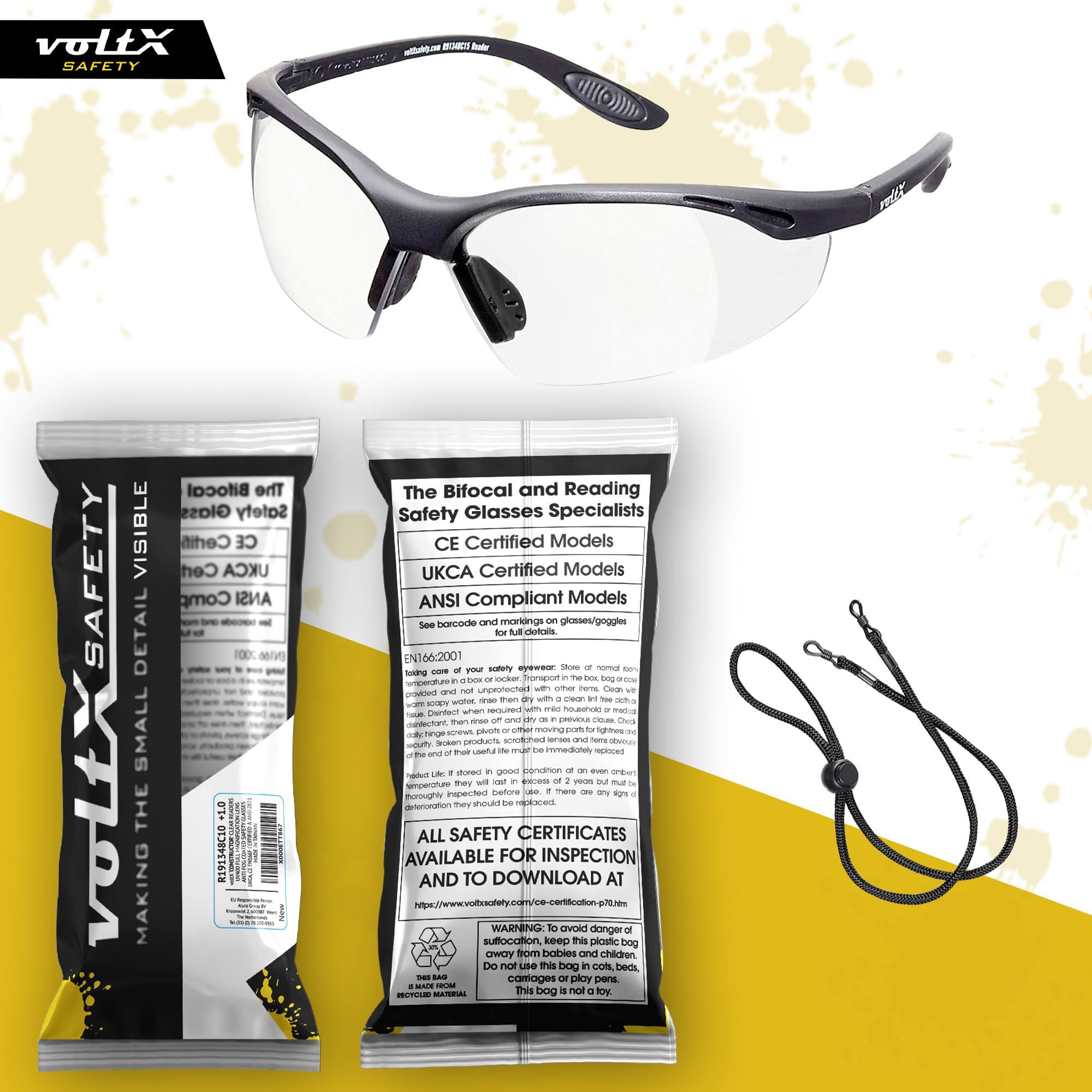 voltX voltX \'Constructor\' SAFETY READERS (CLEAR +1.0 Dioptre) Full Lens Reading Safety Glasses ANSI Z87.1+ & CE EN166F, Wraparound Style - Includes Safety Cord with headstop - UV400 anti fog coated lens