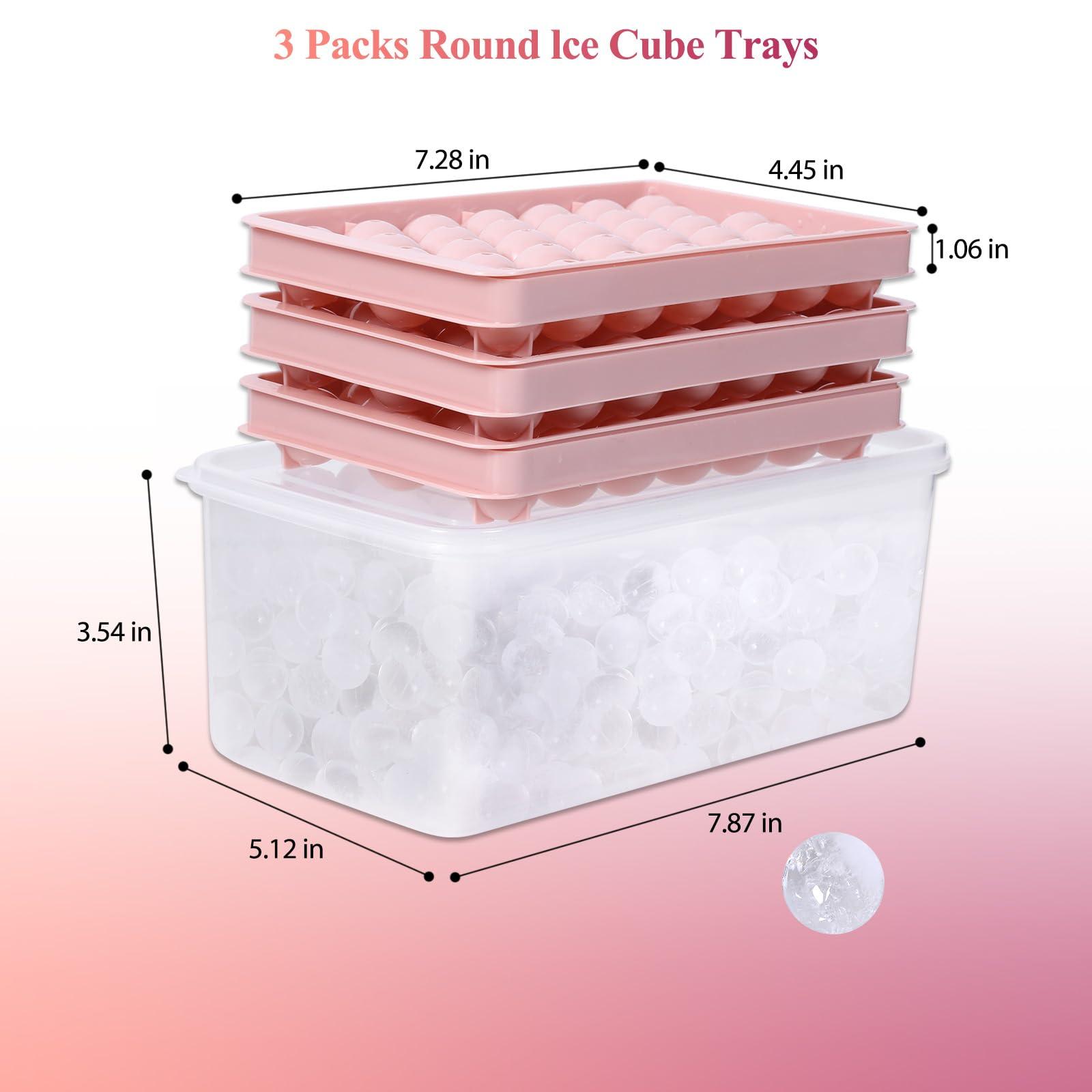 Volpeblu Round Ice Cube Trays 3 Pack Circle Ice Ball Maker Mold Small Round Ice Cube Trays for Freezer with Lid & Bin Mini Sphere Ice Tray for Cocktail Coffee Juice Chilled Whiskey (Pink)