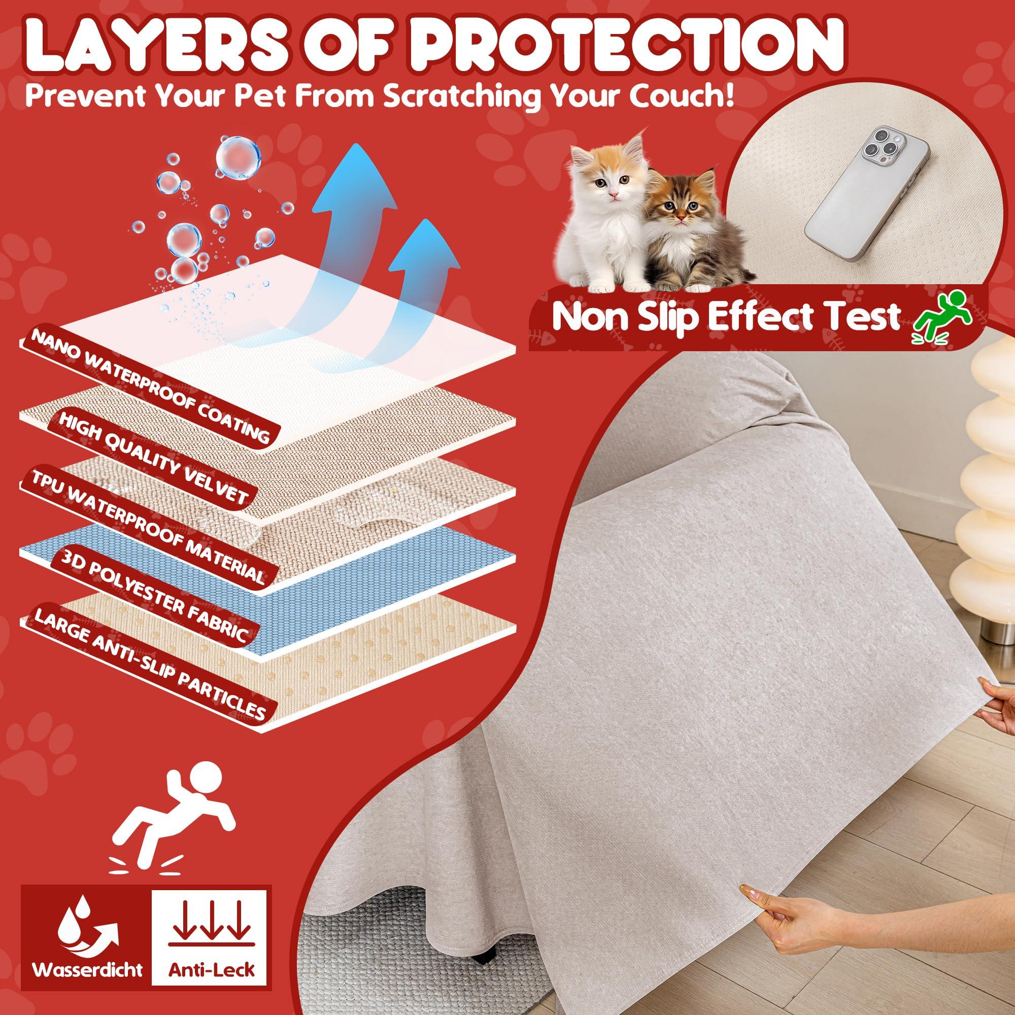 Loiion Cat Scratch Furniture Protector - Anti-Slip, Waterproof Sofa Cover to Keep Cats Off, Pet-Friendly Couch Protectors for 3 Cushion Couch, Khaki Anti-Scratch Couch Cover for Pets and Kids 134\"X71\"