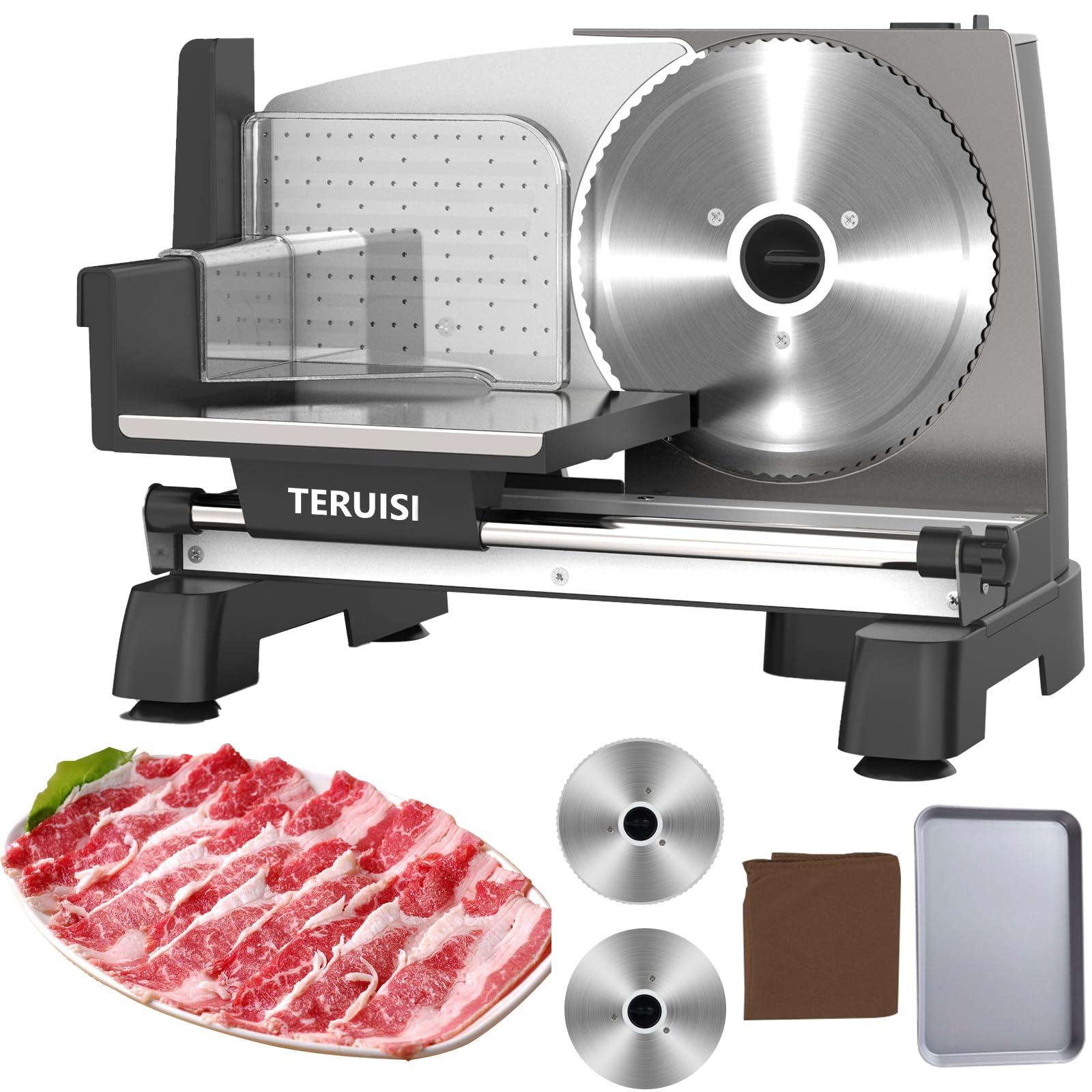 TERUISI TERUISI Electric Meat Slicer, 200W 110V Food Slicer with 2 Stainless Steel 7.5\" Blades, 0-18mm Adjustable Thickness, Meat Cutter Machine with Food Tray, Towel for Home Use, Meat, Fruit, Bread, Cheese