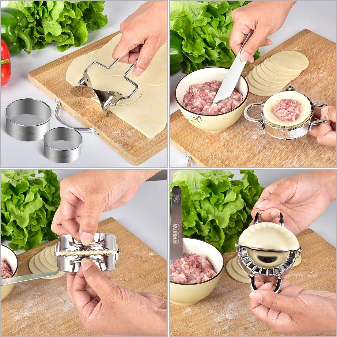CEKITAM 8 Pcs Dumpling Maker,Stainless Steel Ravioli Dumpling Mould Mold Press Set Kitchen Accessories(2 dumpling maker+ 1 dumpling cutter +3 dumpling skin cutter +2 x Stuffing spoon)