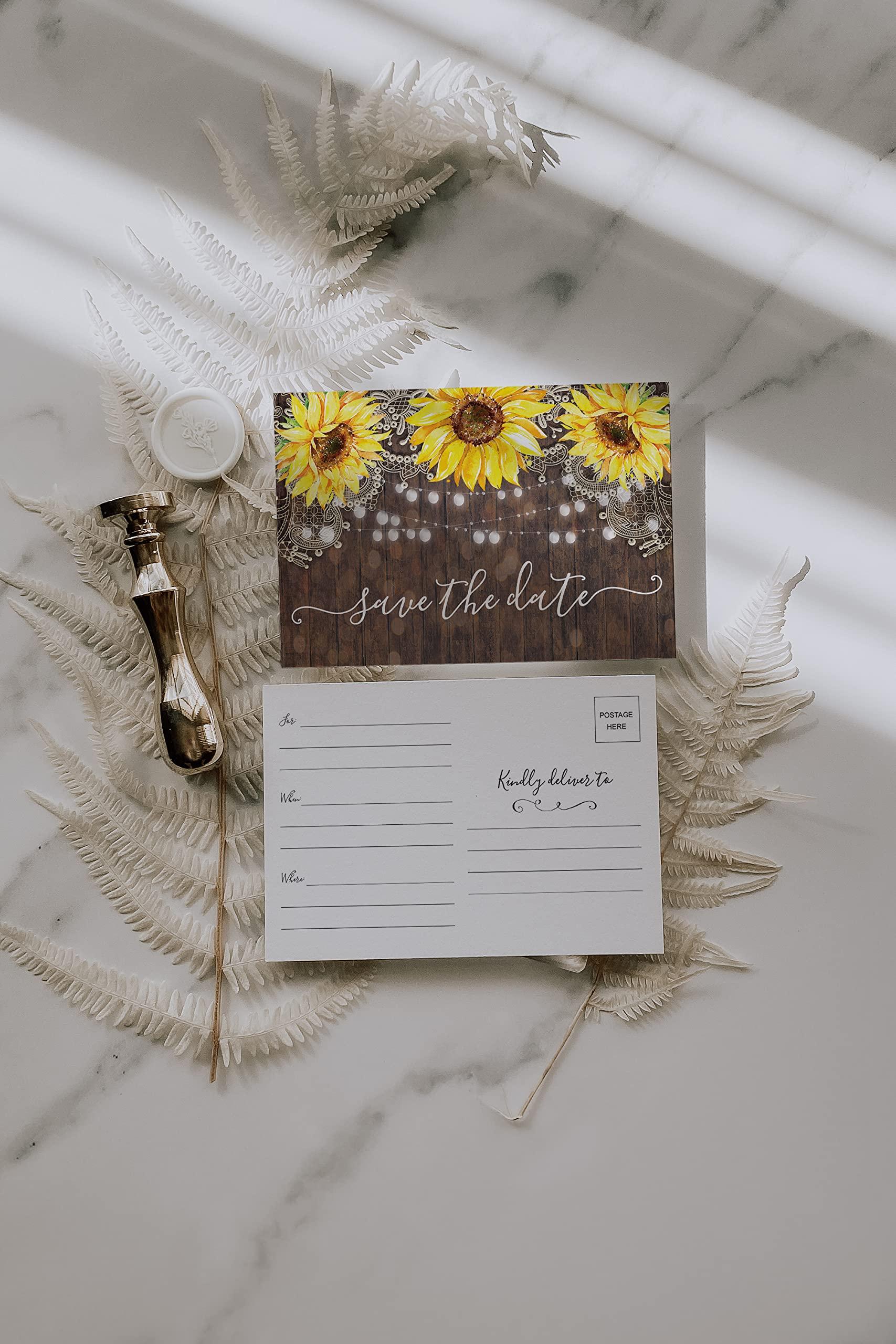 Your Main Event Prints Your Main Event Prints 50 Sunflower Save The Date Cards for Wedding, Engagement, Anniversary, Baby Shower, Birthday Party - Wood Save The Dates Postcard Invitations - 4x6, No Envelopes Needed