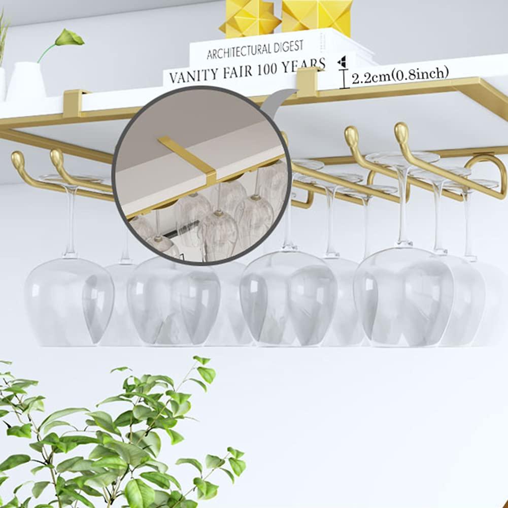 Wine Glass Rack Stemware Rack Under Cabinet,Hanging Wine Glass Rack Metal Organizer,for Home Cabinet Kitchen Bar,Punch-free installation(3/4/5/6 Rows)