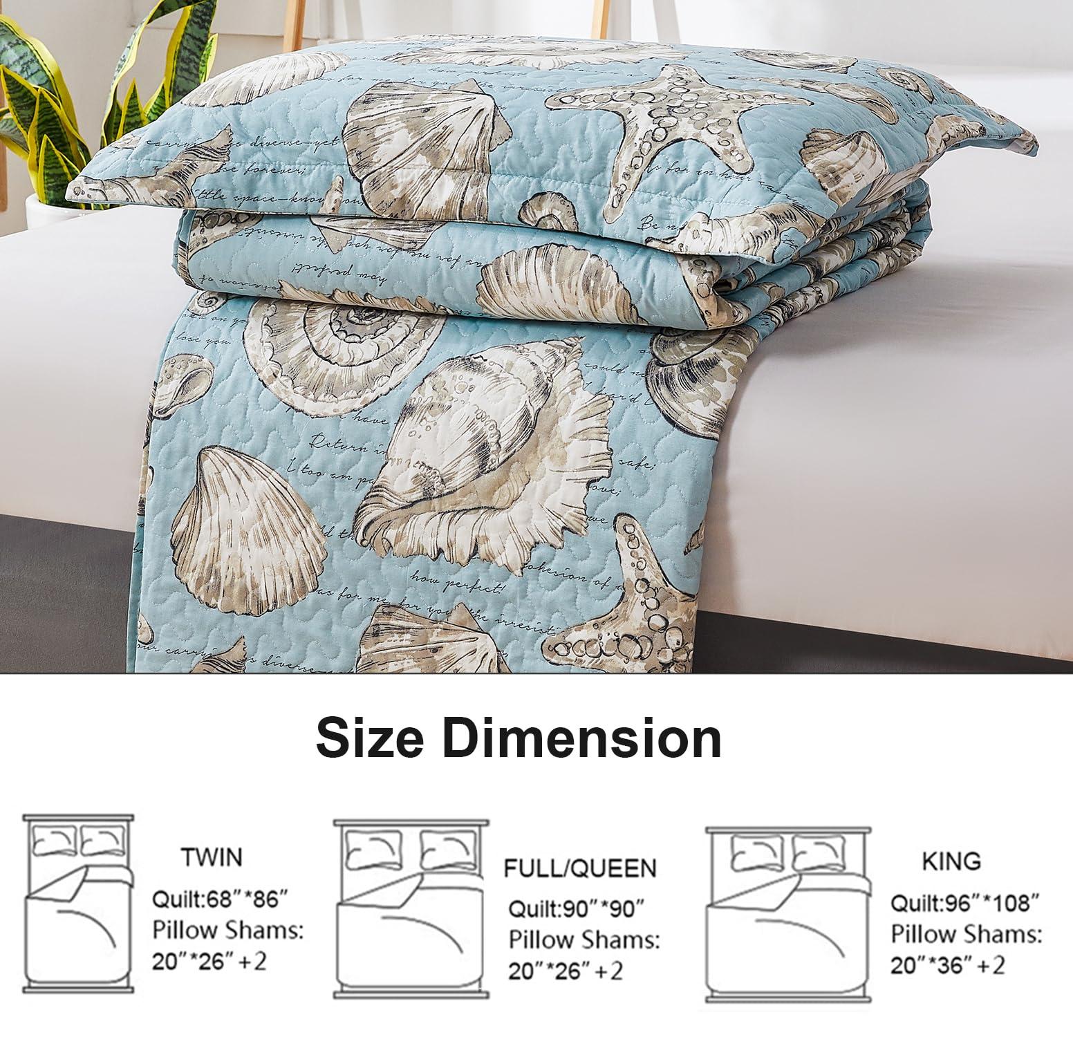 Ycosy Coastal Quilt Set Full/Queen Size Ocean Themed Bedding Summer Beach Quilts Set Lightweight Reversible Bedspread Coverlets Seashell Starfish Seaweed Bed Spread Soft Home Bed Cover with 2 Pillow Shams