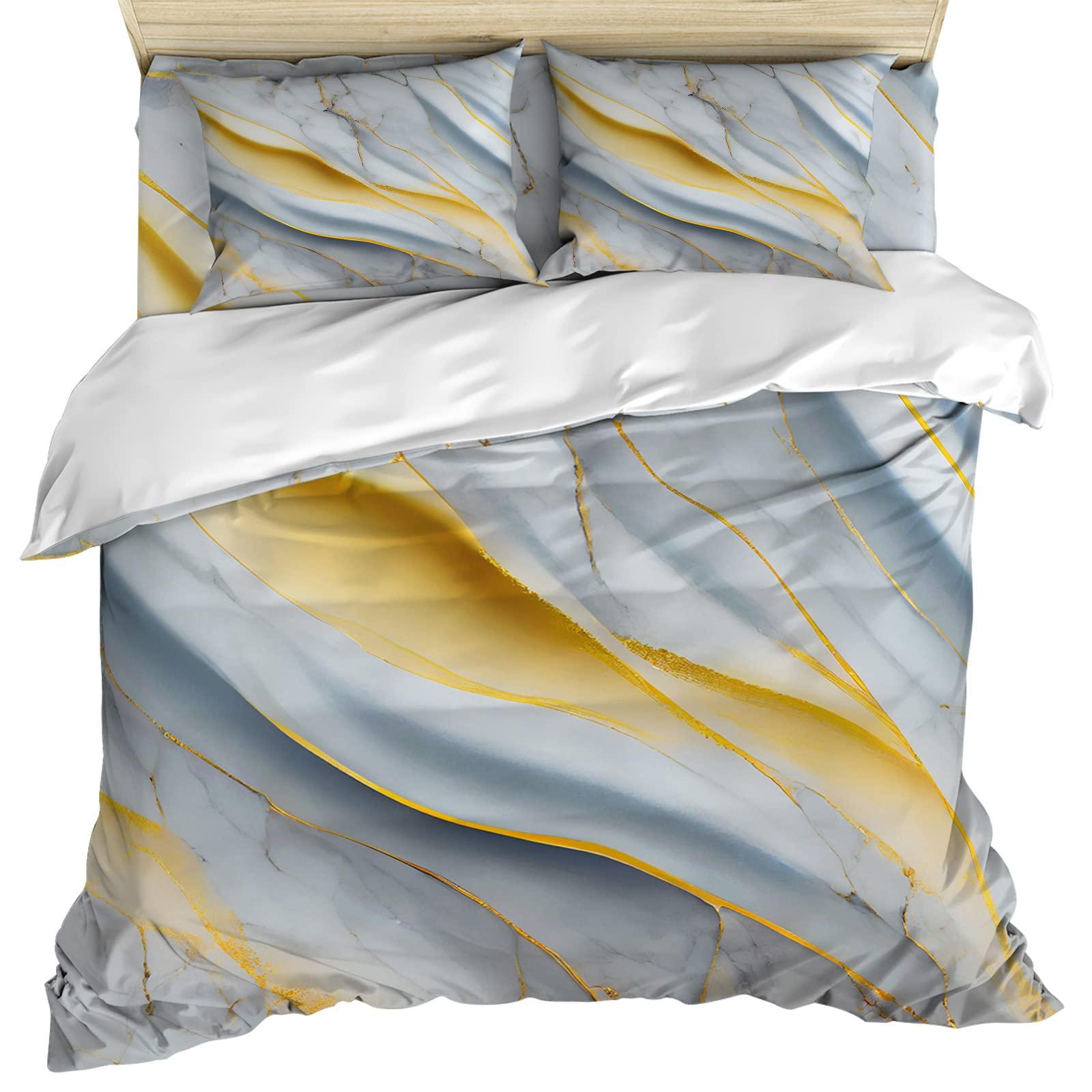 Debedcor Cal. King Comforter Covers Sets Grey Yellow Marble 4 Piece Duvet Cover Set Lightweight Microfiber Soft Bedding Set for Adult Teen, Modern Luxury Ink Texture Abstract Art