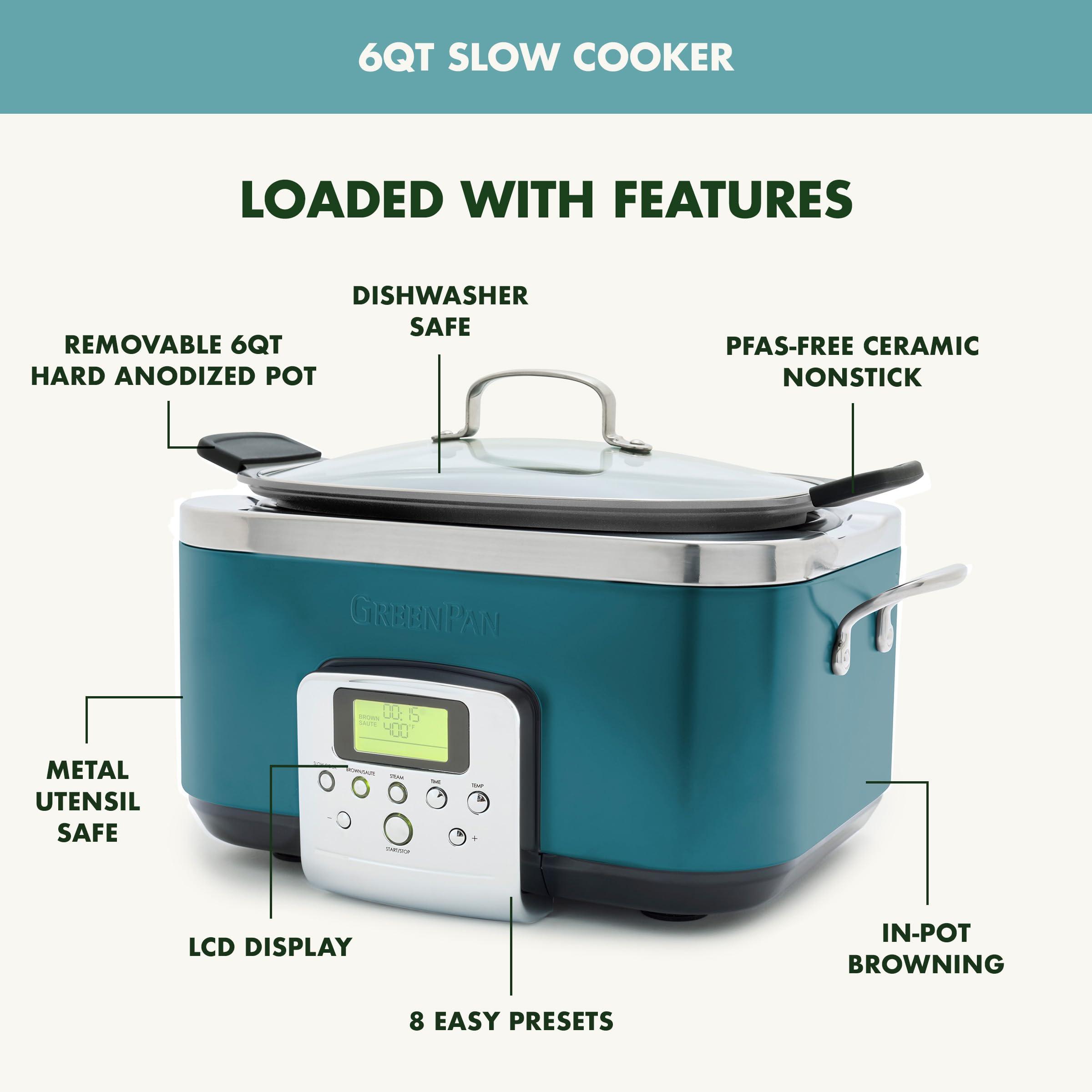 GreenPan GreenPan Elite 8-in-1 Programmable 6QT Electric Slow Cooker, Dishwasher Safe Lid & Removable Crock, PFAS-Free Healthy Ceramic Nonstick Multi-Cooker, Sear, Saut,Brown, Steam Basket, Roast, Deep Teal