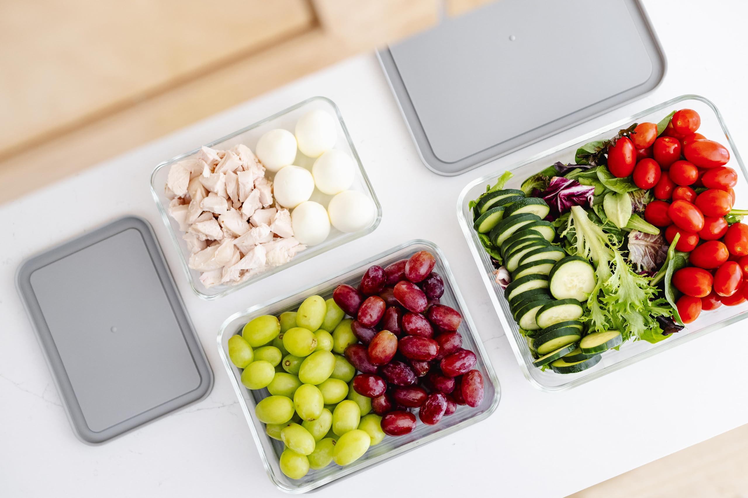 DURA LIVING DURA LIVING 6-Piece Glass Food Storage Containers Set (3 Containers + 3 Lids) |Rectangular, Nesting, Microwave & Dishwasher Safe | BPA-Free, Space-Saving | Grey Lids for Pantry & Kitchen Organization