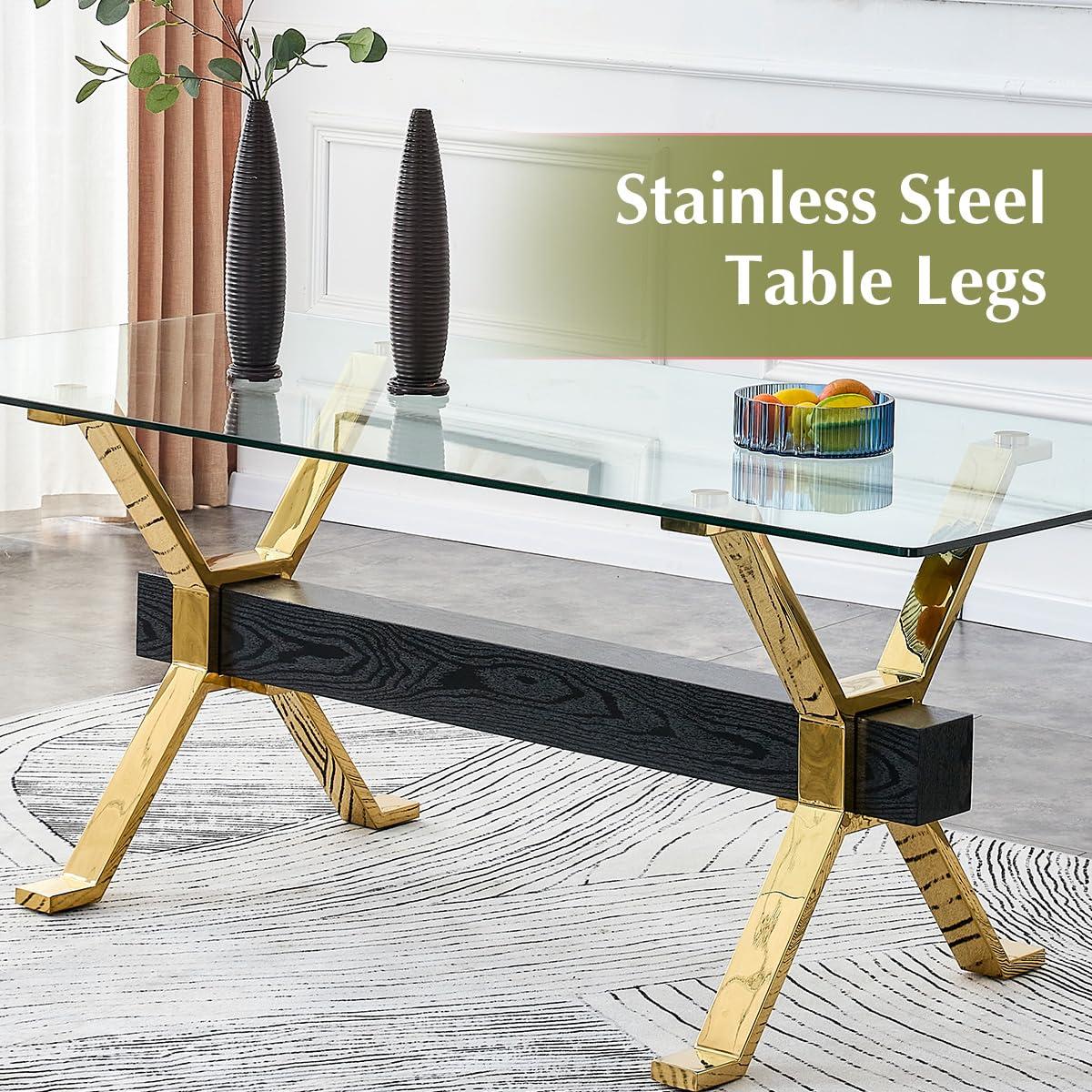 gopop 7 Piece Glass Dining Table Set, Kitchen Table Chairs Set for 6, 79'' Dining Table with 0.5" Tempered Glass Tabletop with Plated Metal Legs and MDF Crossbar, 6 PU Chairs for Dining Room, Kitchen.