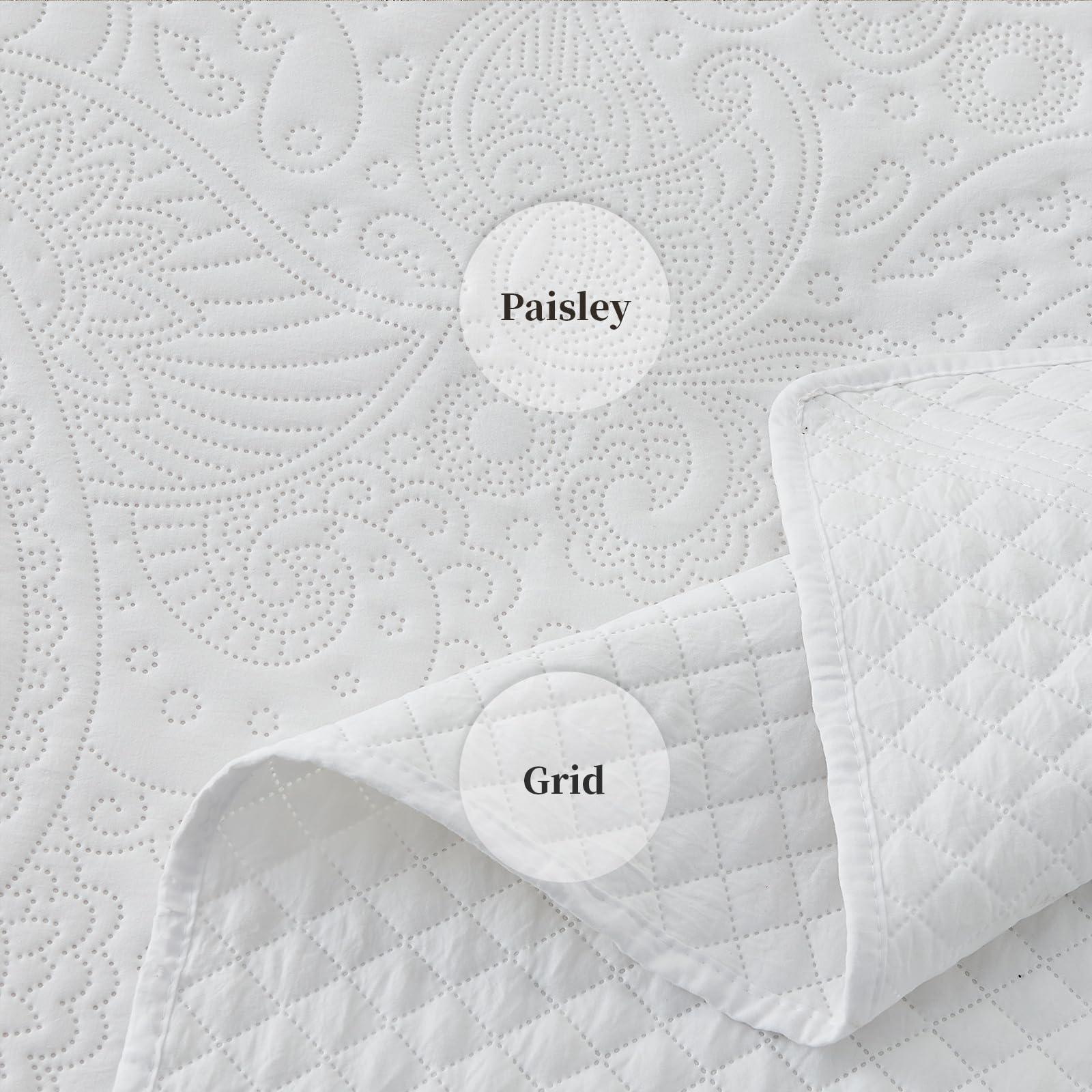 SUCHBED SUCHBED California King Bedspread Set Oversized King Bedspreads 128x120 inches Cal King Quilt Bedding Set Extra Wide King Quilt Paisley Quilt White Coverlet Sets with Shams