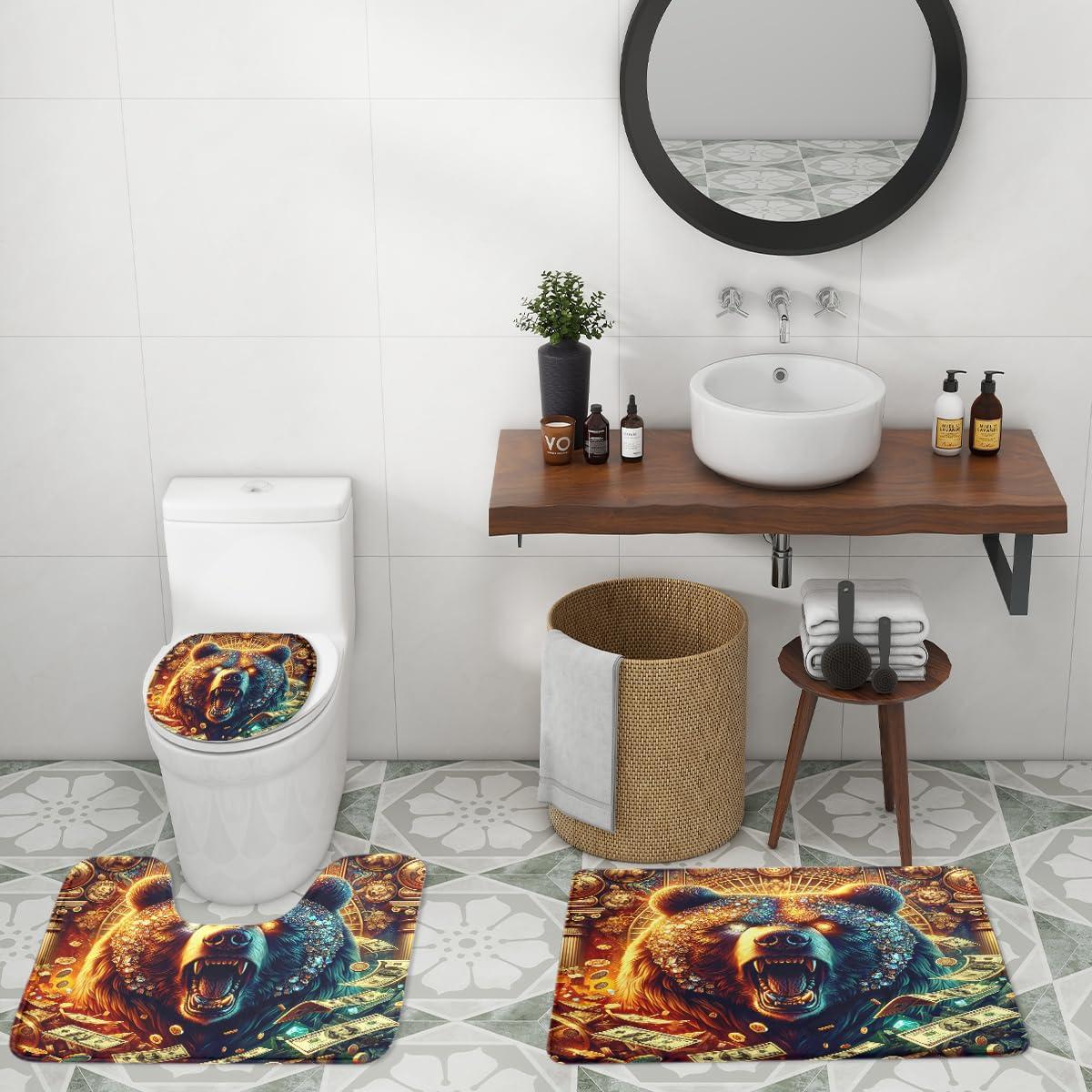 JretailAx Cool Cabin Wildlife Bear 4 Piece Shower Curtain Sets,Modern 100 Dollar Bill Cash Theme Angry Bear Non-Slip Rugs,Toilet Lid Cover and Bath Mat,Durable and Waterproof,for Bathroom Decor Set