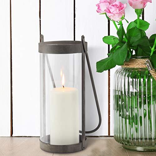 Stonebriar Stonebriar Industrial Glass Cylinder Hurricane Candle Lantern with Rustic Zinc Metal Frame and Handle, Gray