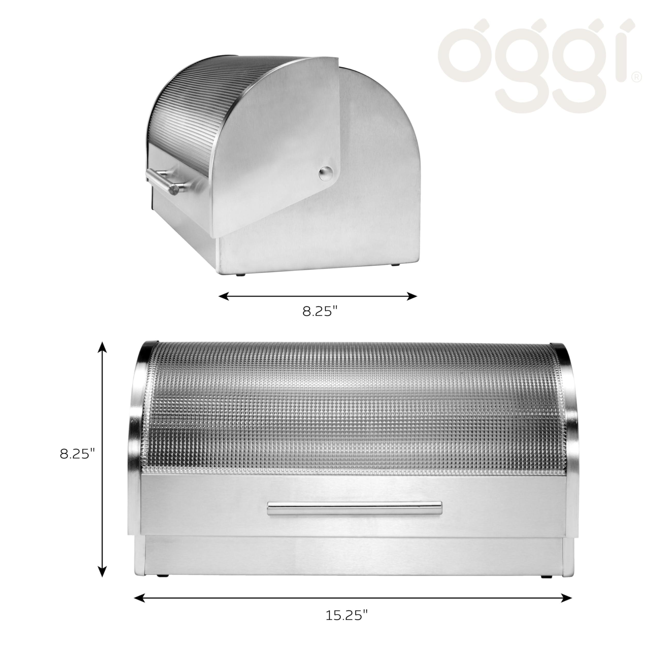 Oggi Oggi Stainless Steel Roll Top Bread Box for Kitchen Countertop with Tempered Glass Lid - Fits Multiple Large Loaves of Bread and Other Freshly Baked Goods Including Cookies, Bagels, Muffins