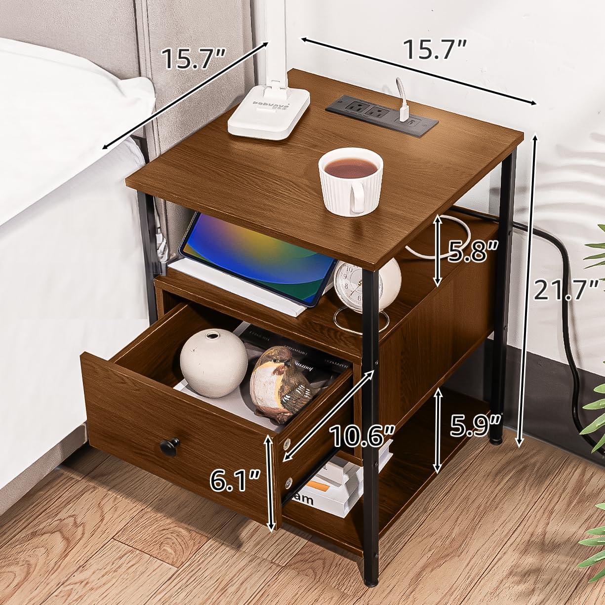 Our Modern Space Our Modern Space Wooden Nightstand with Charging Station USB Port and Single Drawer | Bedside Table End Cabinet for Living Room Bedroom Dorm - Rustic Brown