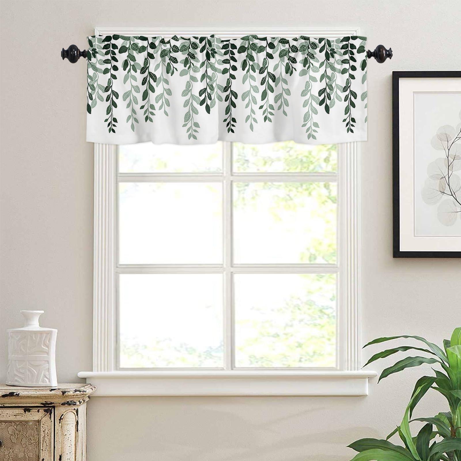 Onekaccu Onekaccu Kitchen Curtains Valances for Windows, Sage Green Leaves Valance Curtains Rod Pocket Short Curtains for Living Room Bedroom Small Window Treatment Seaonal Botanical Silhouette 60\"x18\"