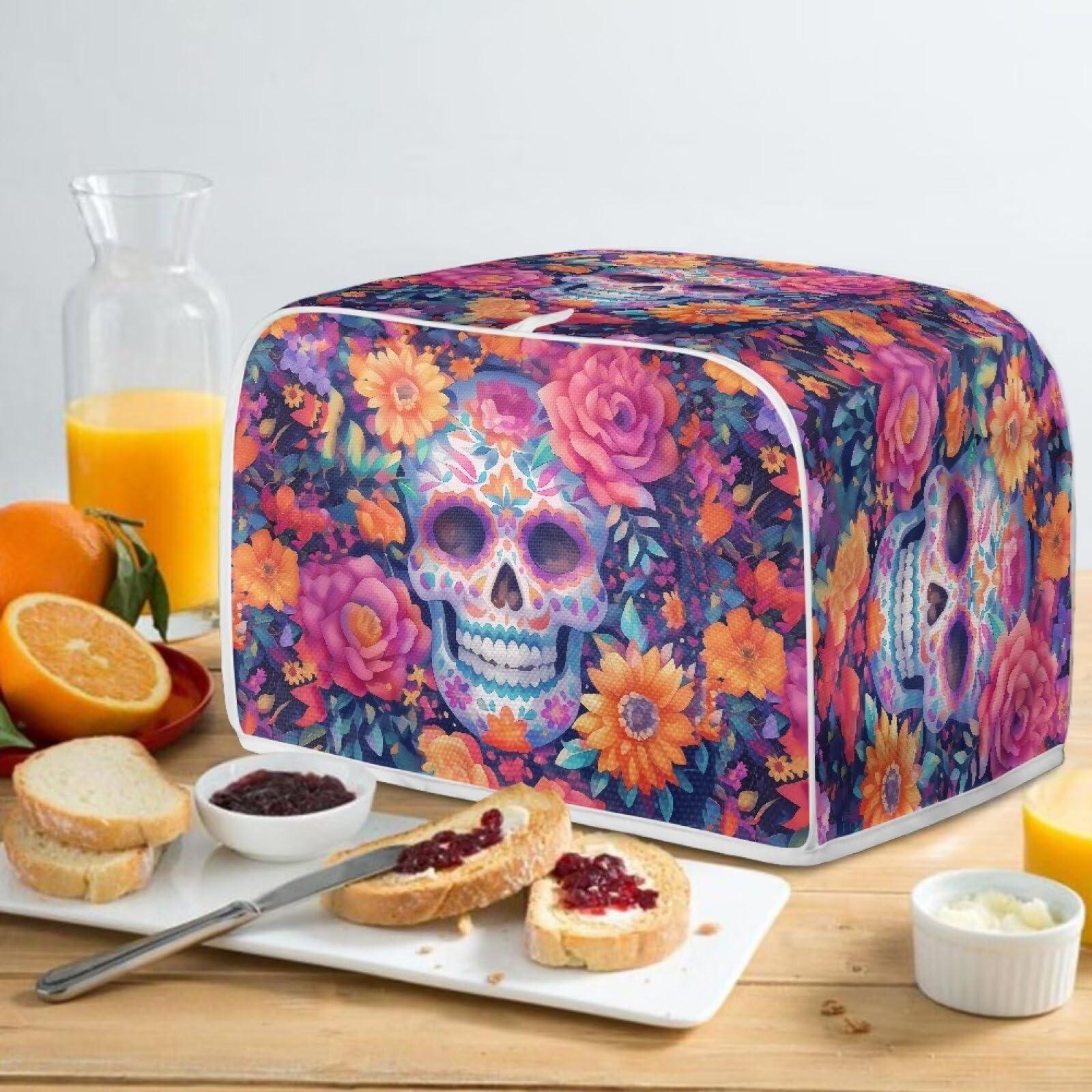 Xarleslyna Xarleslyna Mexican Skull Floral Toaster Cover 4 Slice, Day Of The Dead Flowers Small Kitchen Appliance Foldable Dust Covers Home Decor, Water Resistant