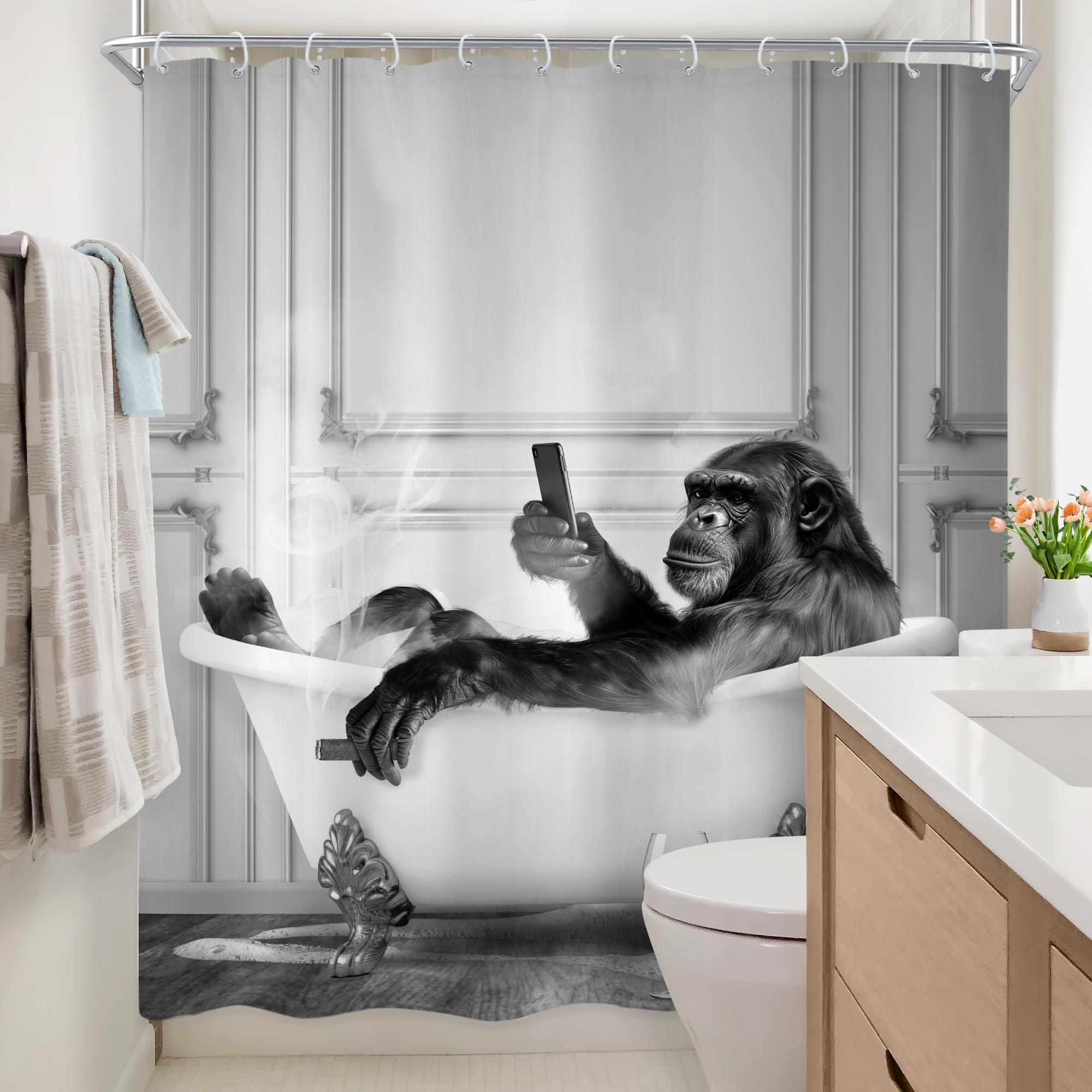 Newsely Newsely Funny Monkey Shower Curtain 60Wx72H Inch Animal Chimpanzee in Bathtub Black White Wildlife Cool Modern Shower Curtain Bathroom Set Boys Men Waterproof Bath Decoration Accessories Home Decor