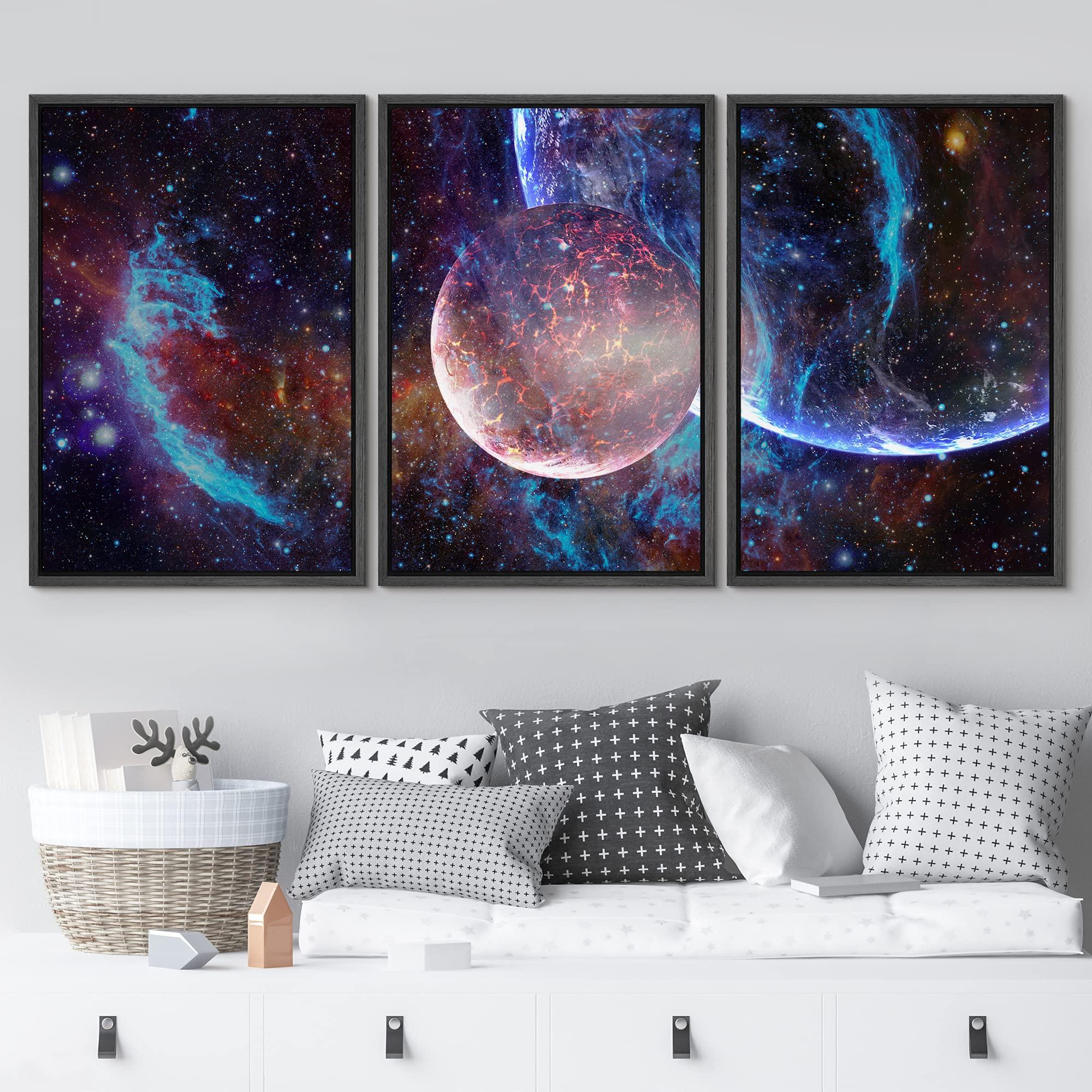 wall26 wall26 Framed Canvas Print Wall Art Set Blue Planet Galaxy Eclipse Astronomy & Space Nature Digital Art Sci-Fi & Fantasy Decorative Landscape for Living Room, Bedroom, Office - 24\"x36\"x3 BLACK