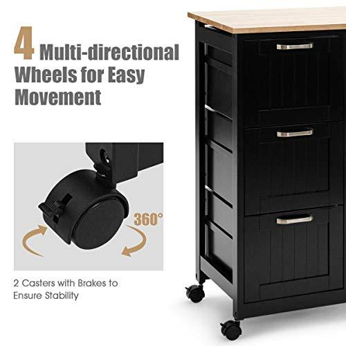 LHONE LHONE Rolling Kitchen Island Cart 3-Tier Industrial Wood Trolley Serving Cart Storage Cabinet Utility Cart on Wheels & Three Storage Drawers (Black)