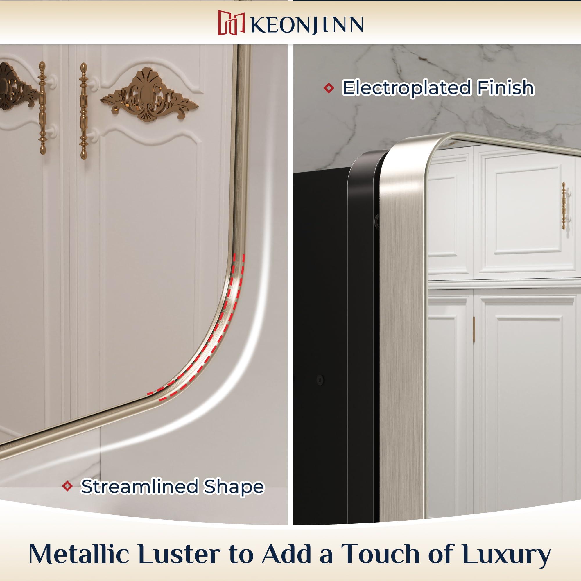 Keonjinn Keonjinn 16 x 24 Inch Brushed Nickel Medicine Cabinets for Bathroom with Mirror Stainless Steel Framed Rounded Rectangle Adjustable Shelves Modern Recessed Silver Medicine Cabinet for Bathroom Storage