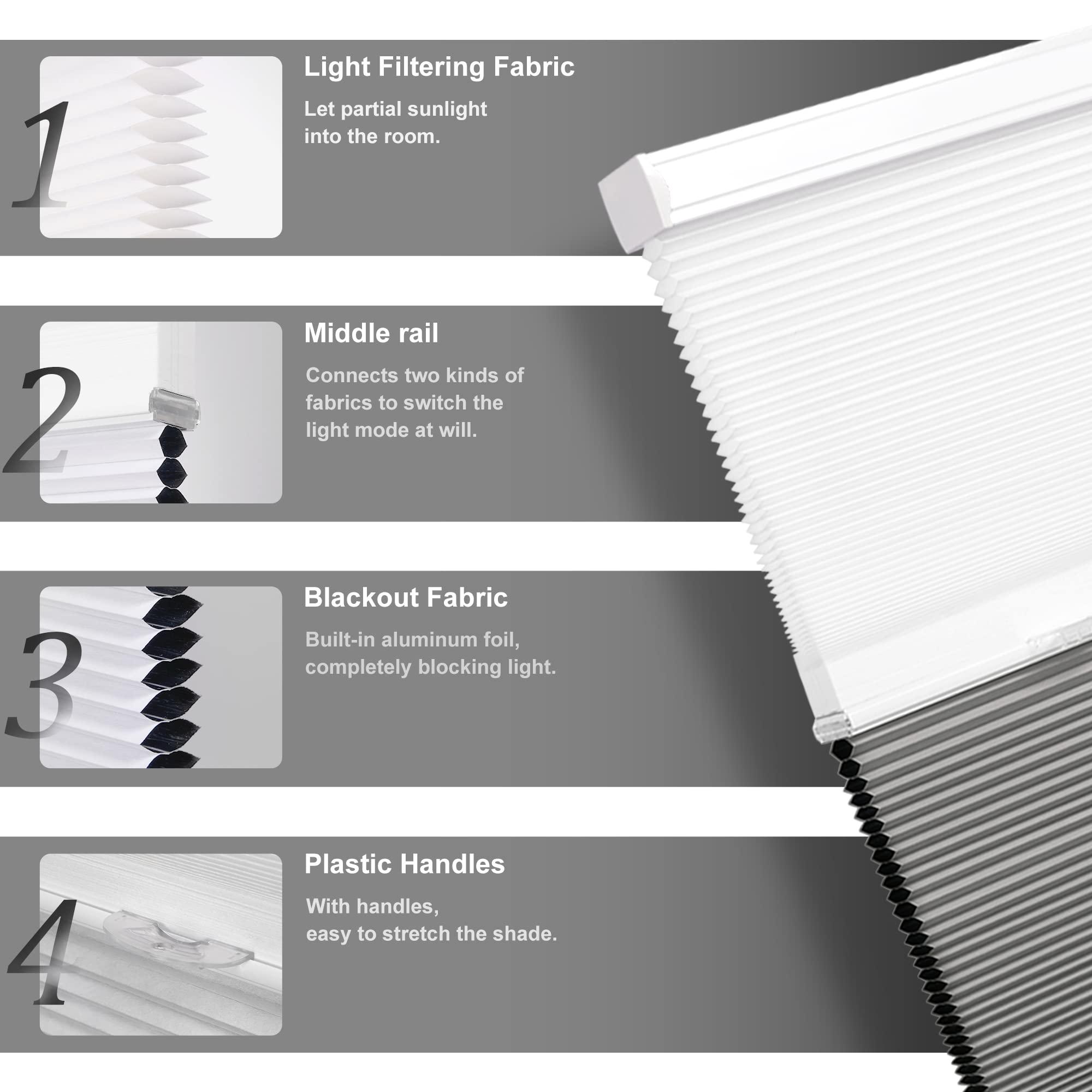 HOTSOON Day Night Cellular Shades Blackout Light Filtering Cellular Blinds Cordless 2 Shades in 1 Honeycomb Blinds for Windows, Light Gray, 44" W x 48" H