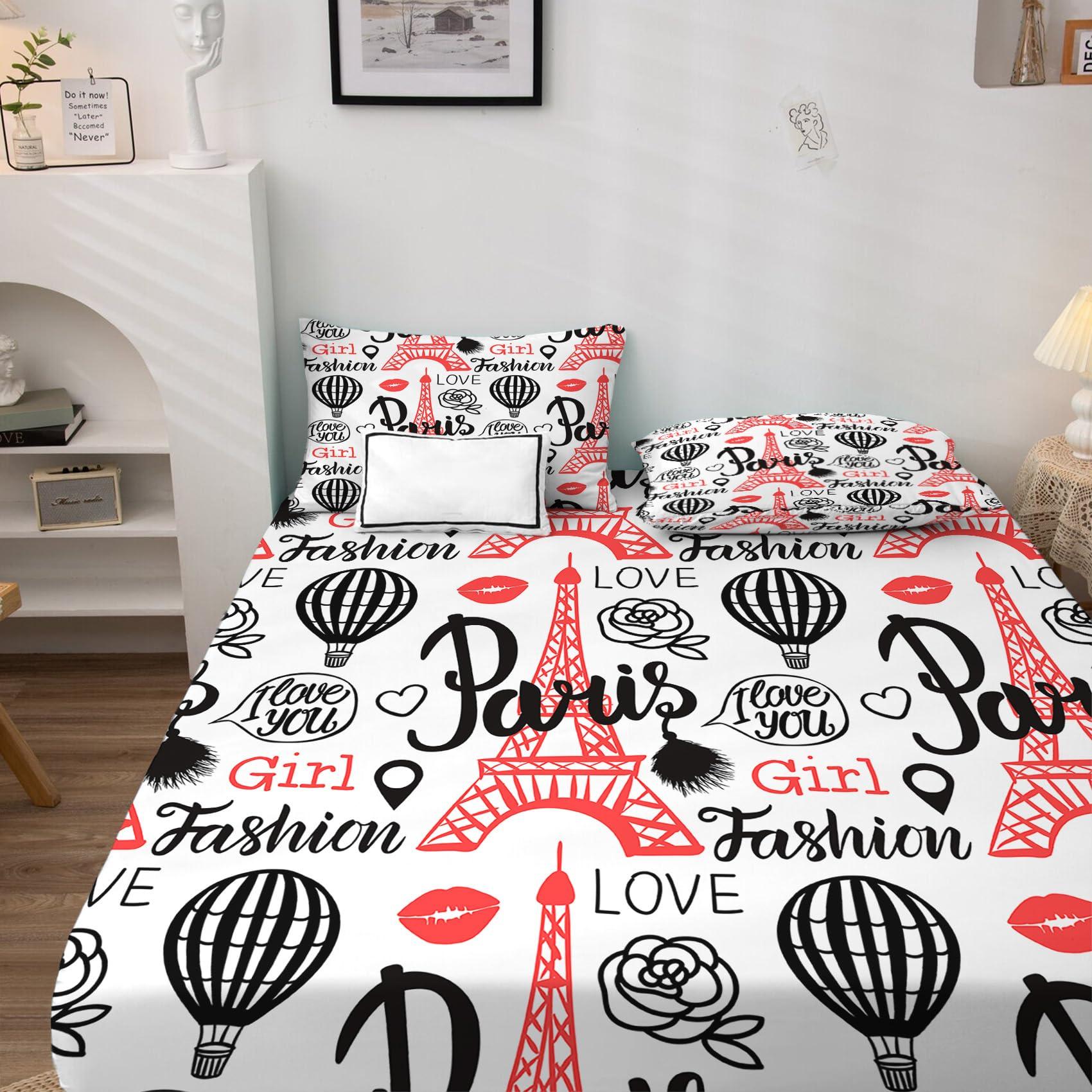 GEDAEUBA GEDAEUBA Paris Sheets Twin Sheet Set - Eiffel Tower Bed Sheets for Kids Boys Girls, Hot Air Balloon Sheet Set with Deep Pocket Fitted Sheet, Soft Microfiber Wrinkle Free Bedding Set