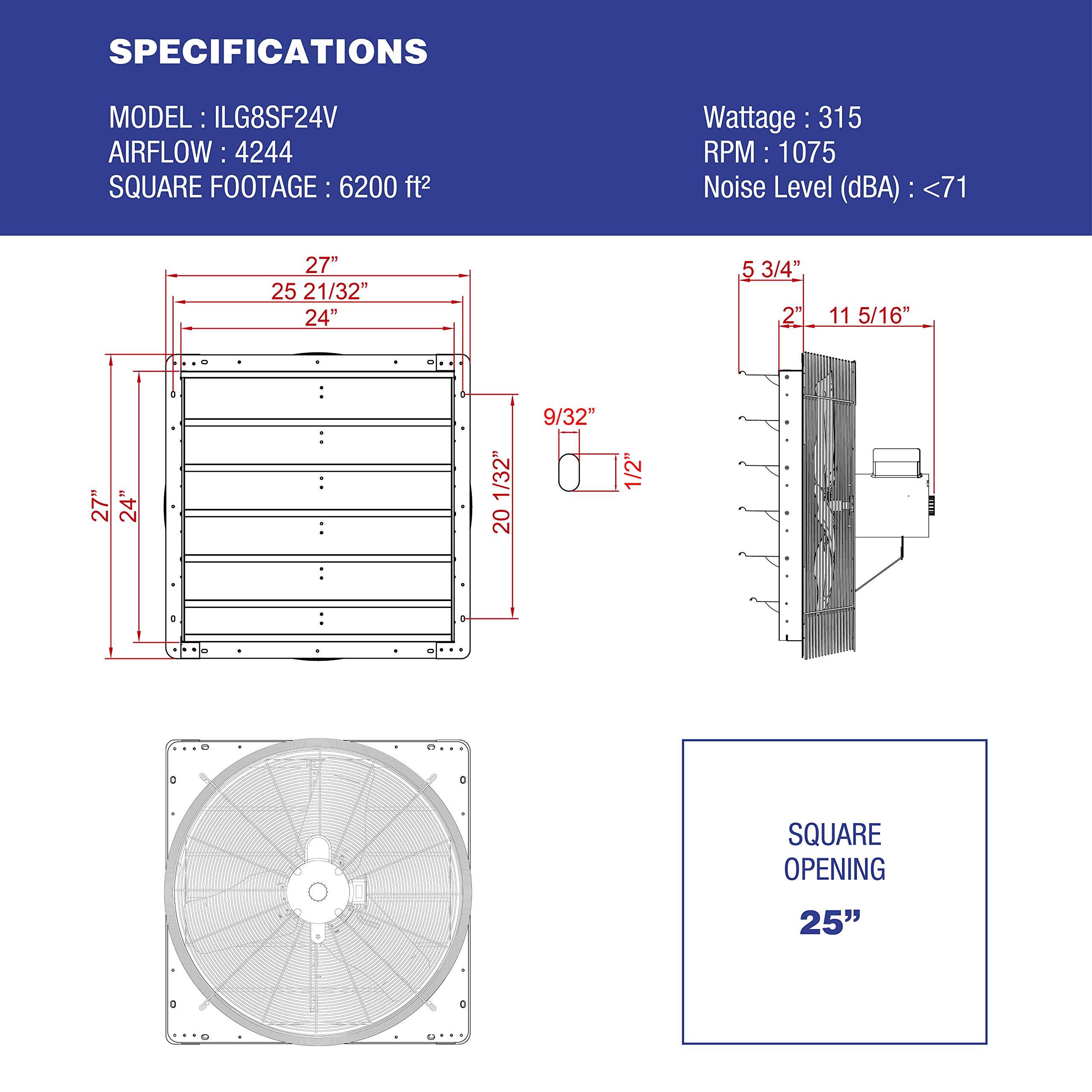 iLIVING iLiving - 24" Wall Mounted Exhaust Fan - Automatic Shutter - Variable Speed - Vent Fan For Home Attic, Shed, or Garage Ventilation, 4244 CFM, 6200 SQF Coverage Area (Power Cord Not Included)