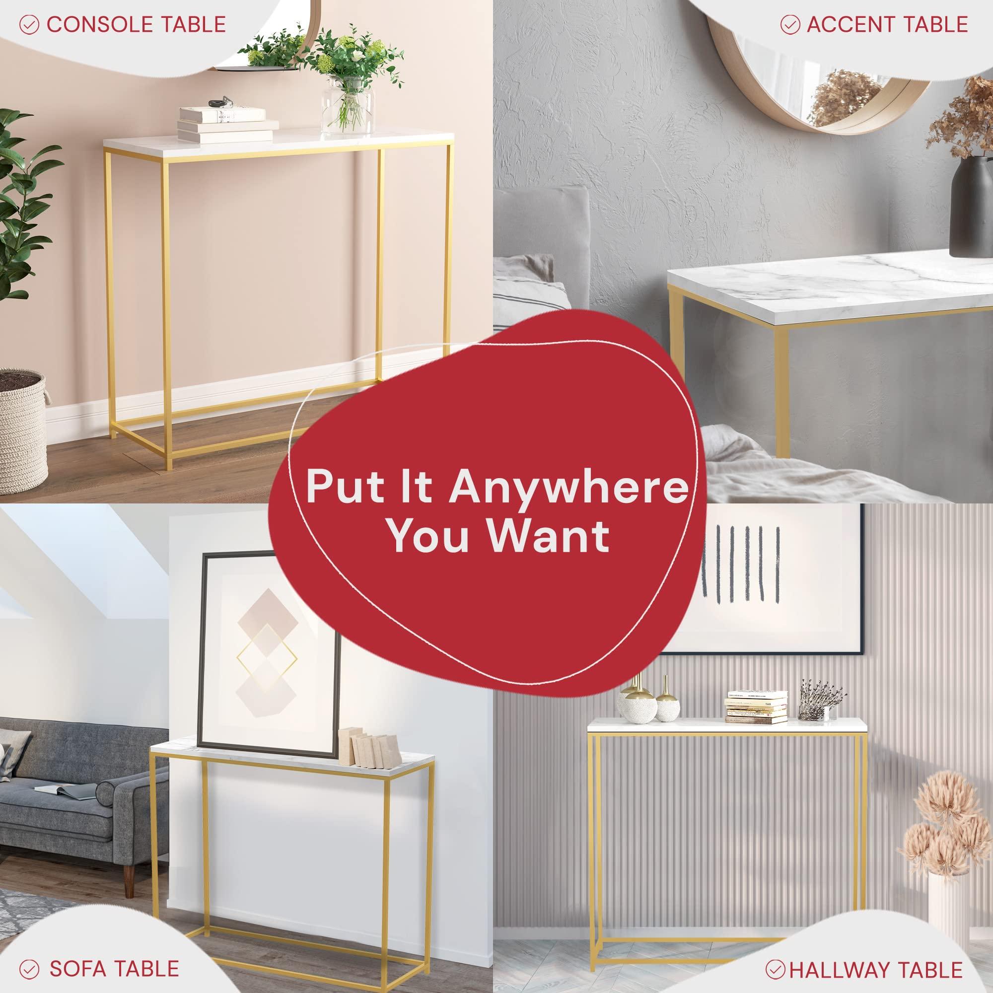 Safdie Safdie & Co. - Marble White Console Tables for Entryway, Gold Metal Console Table, Use As Doorway Table, Narrow Bar Table, or Accent Furniture for Decorating Foyer, 31 x 12 x 28 inches