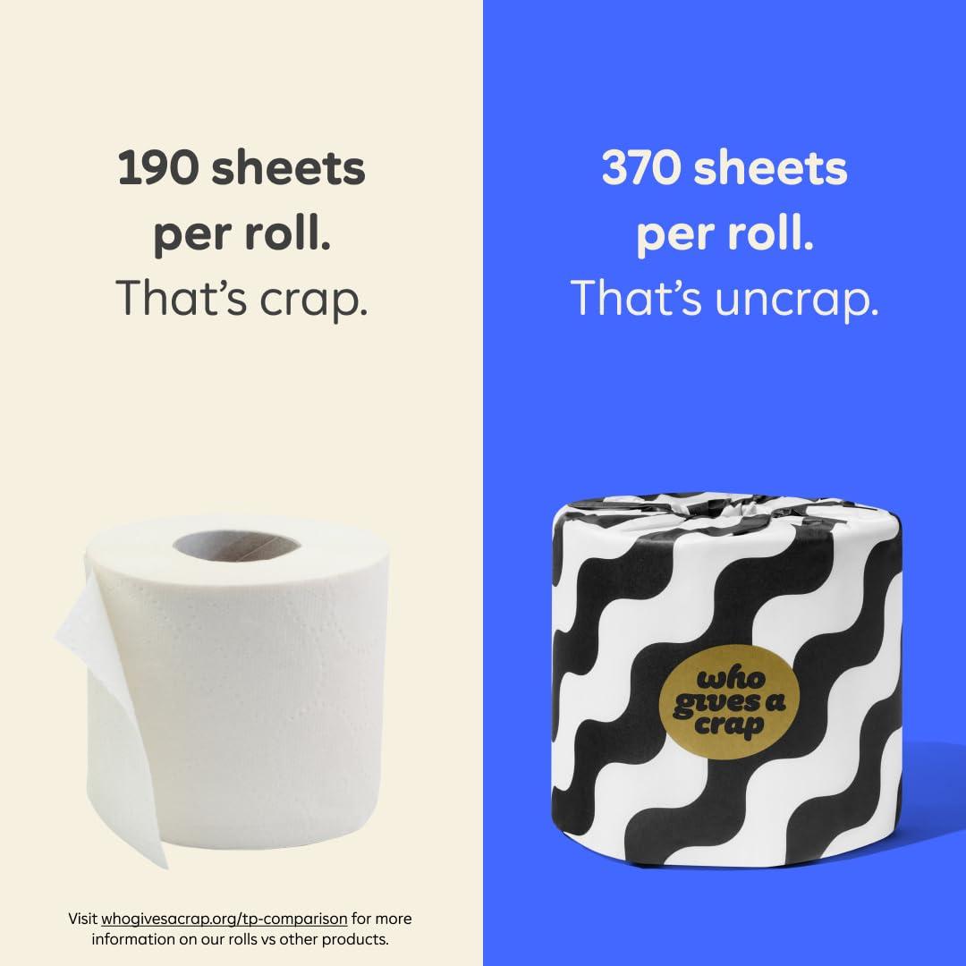 Who Gives A Crap Who Gives A Crap 100% Bamboo Toilet Paper, 48 Rolls, 3 Ply, 370 Sheets, Long, Strong & Soft Toilet Tissue, Sustainable, Biodegradable, Renewable, Tree Free Bathroom Tissue Bulk Toilet Paper