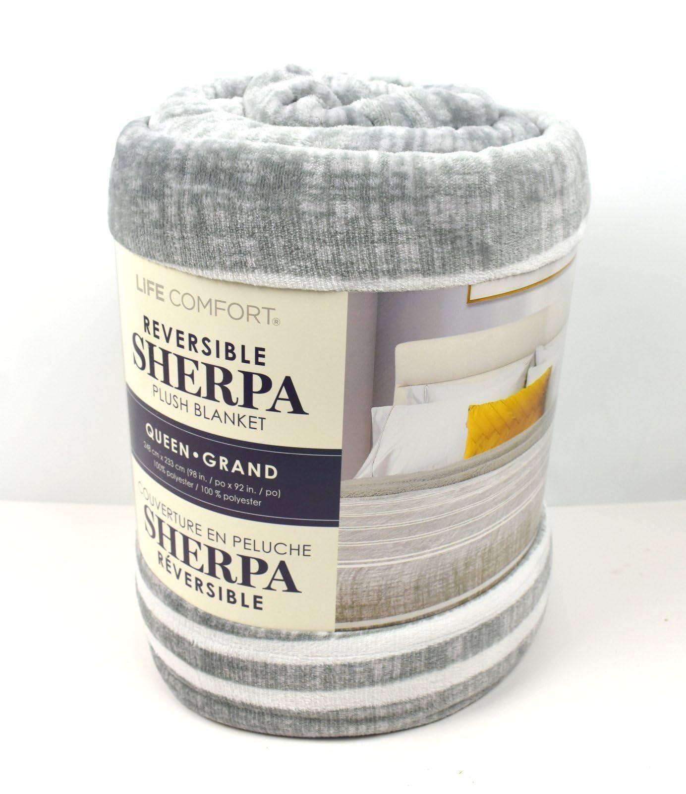 Life Comfort Life Comfort Reversible Sherpa Plush Blanket Size Queen, Light Grey