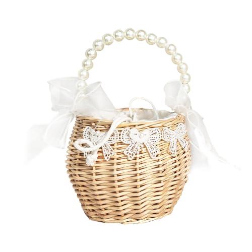 JUOPZKENN JUOPZKENN Rattan Flower Basket,Pearl Flower Girl Basket Rattan Basket Flower Girl Bag Rustic Flower Girl Basket Wicker Basket for Wedding Flower Girl Accessories(18cm / 7.1in-White 2)
