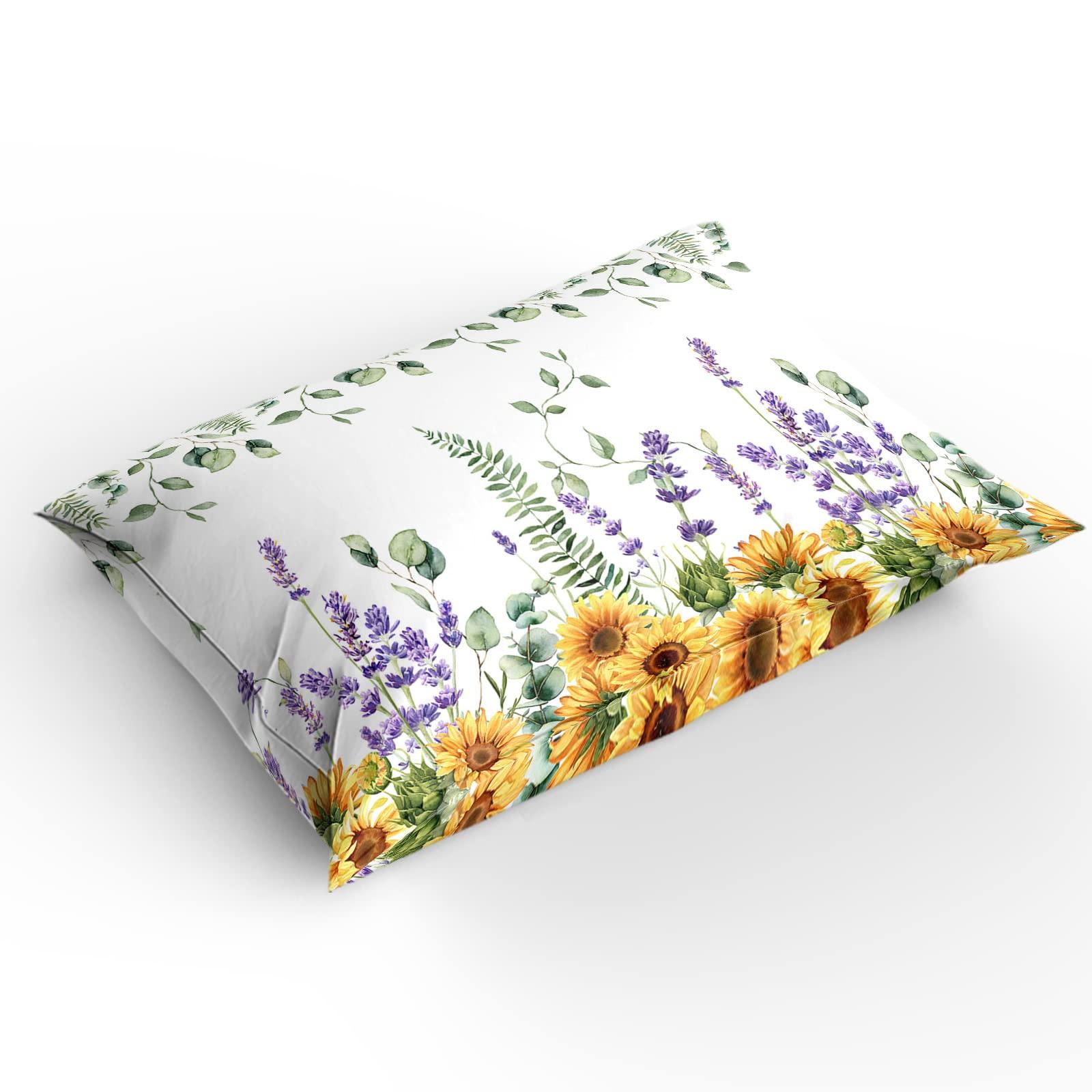 Sabolny Sunflower Queen Duvet Cover Set,Washed Soft Microfiber Bed Comforter Quilt Cover with Ties/Zipper,Wildflowers Eucalyptus Lavender Spring Summer Patterned Textured Bedding Duvet-Covers