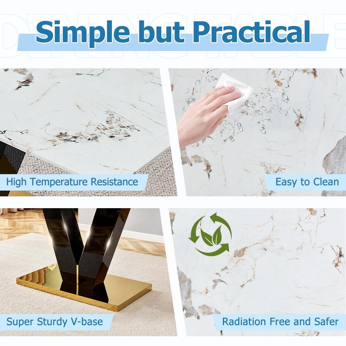 Rejeke Rejeke 71" Dining Table Set for 6, Modern White Rectangle Dining Room Table with PU Leather Chairs, Faux Marble Top