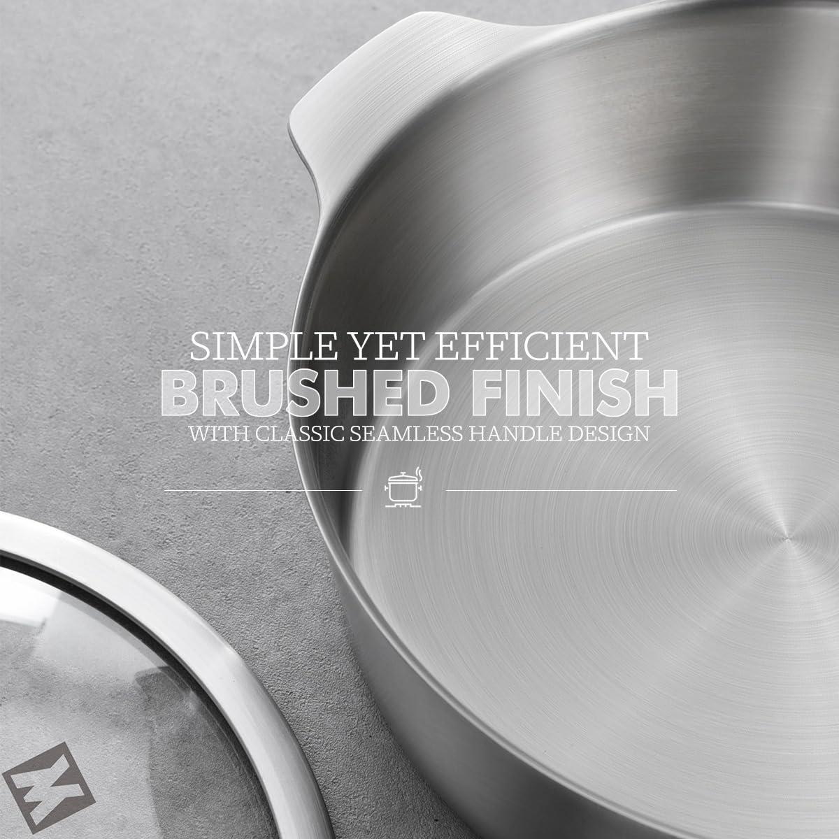WAGENSTEIGER WAGENSTEIGER 4.18Quarts Stainless Steel Saut pan Casserole Pot with Tempered Glass Lid, Stock Pot, 3-Ply Construction with Aluminum Core, Stylish Design, Brushed Finish