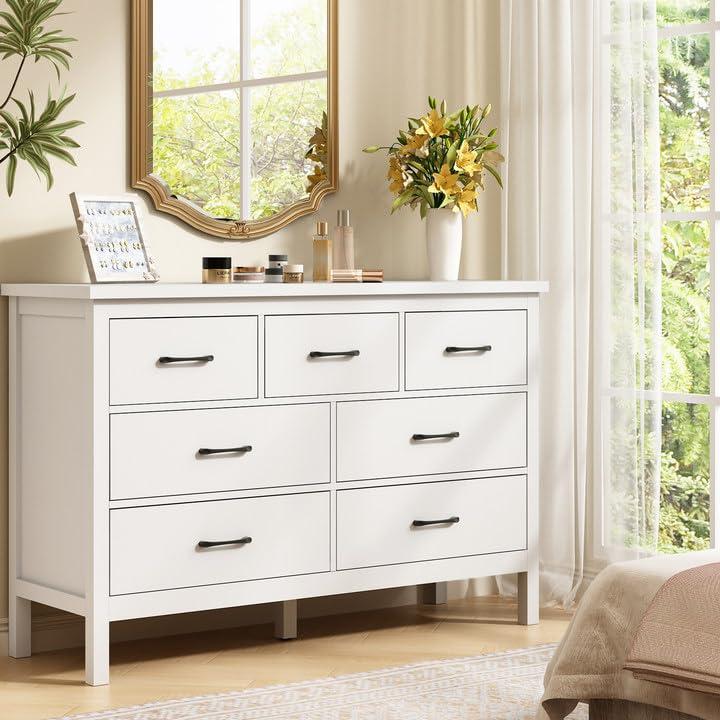 Tradare Tradare White Dresser for Bedroom with 7 Drawer,Wooden Double Dresser with Metal Handles, Wide Chest of Organizer Storage Drawers for Living Room, Hallway, Entryway