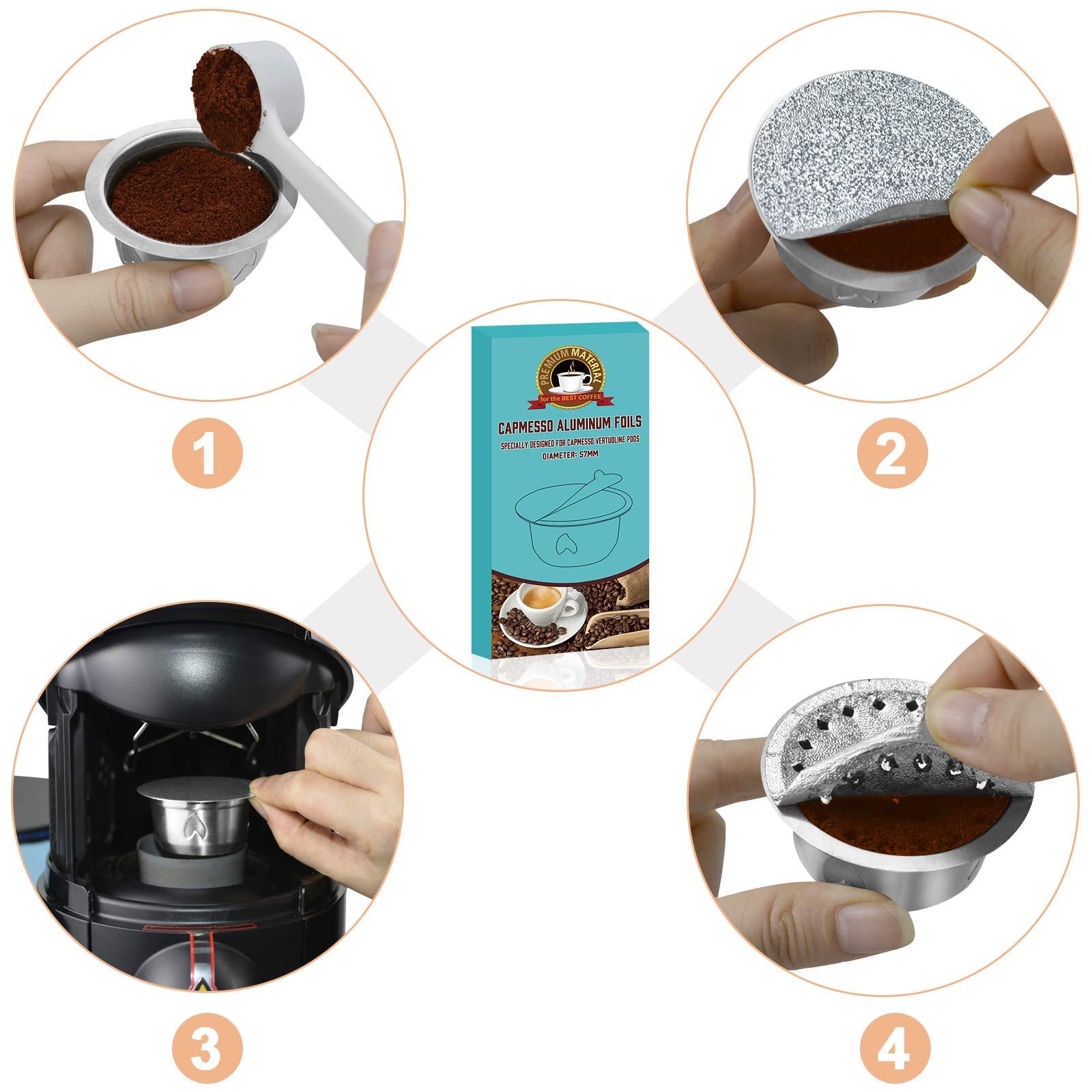 CAPMESSO CAPMESSO Reusable Vertuoline Pod Foil Lids, for CAPMESSO Vertuline Capsules Aluminum seals Reusable Coffee Pod Stainless Steel Espresso Refillable Vertuoline Capsule Foil Lids(100pcs/57MM in diameter)