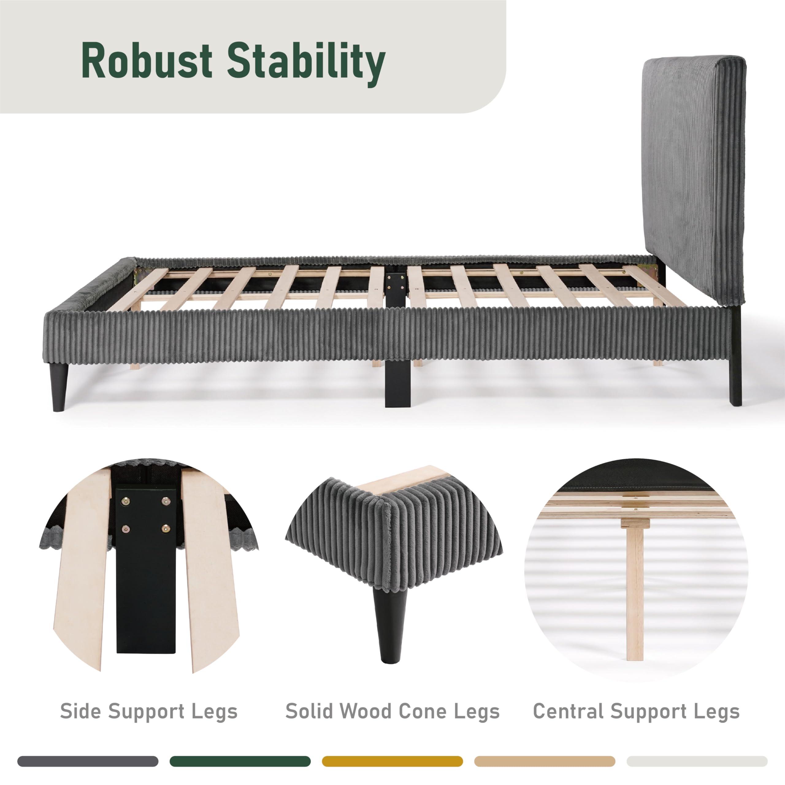 HOMES: Inside + Out HOMES: Inside + Out Lysandra Modern Bed Frame Queen Size with Upholstered Headboard and Corduroy Fabric Cover, No Box Spring Needed for Bedroom, Guest Room, Dark Gray