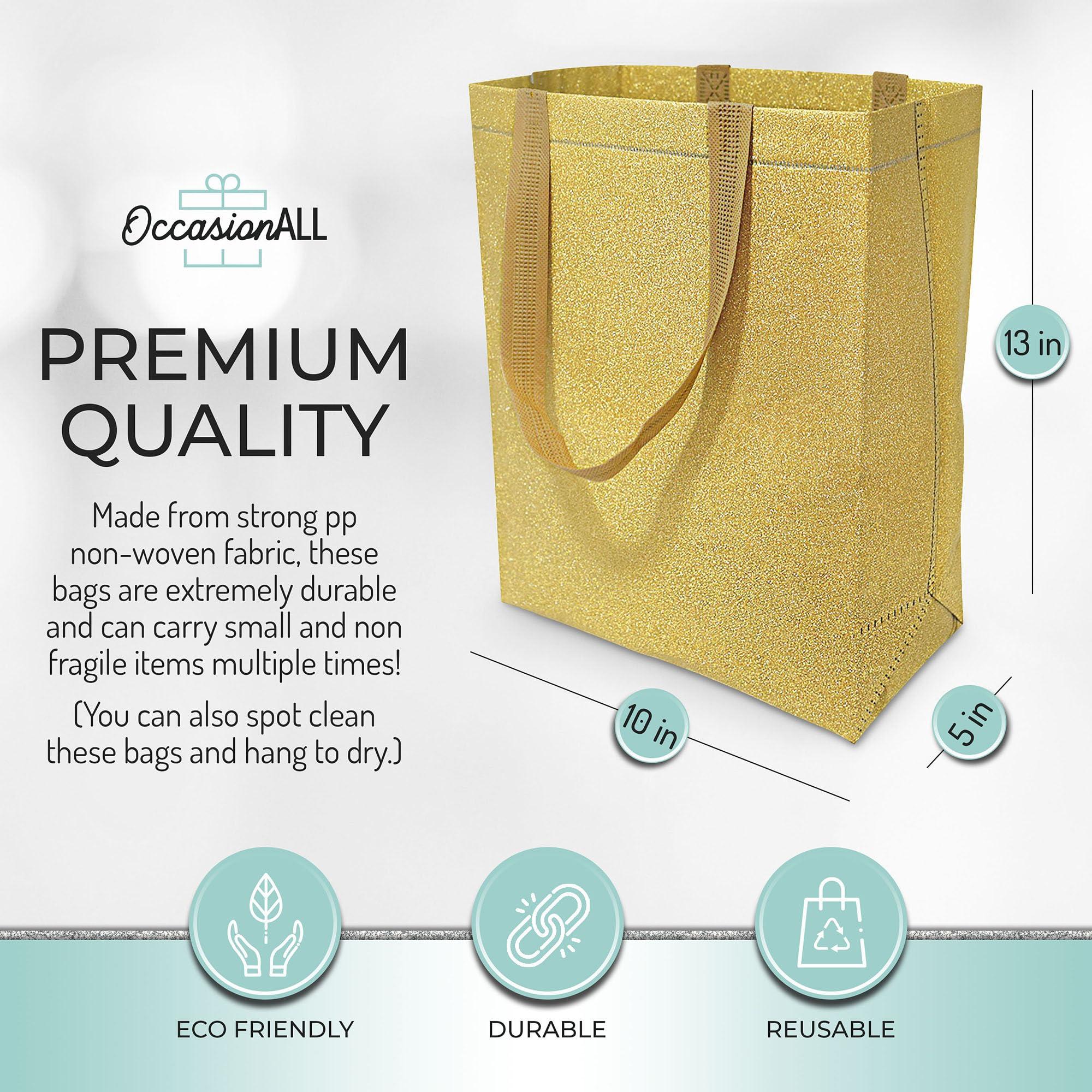 OccasionAll OccasionALL Gold Christmas Gift Bags, Large Reusable Glitter Totes with Handles for Holiday Shopping, Birthdays, Party, Events, Bulk, 10x5x13 12 Pack